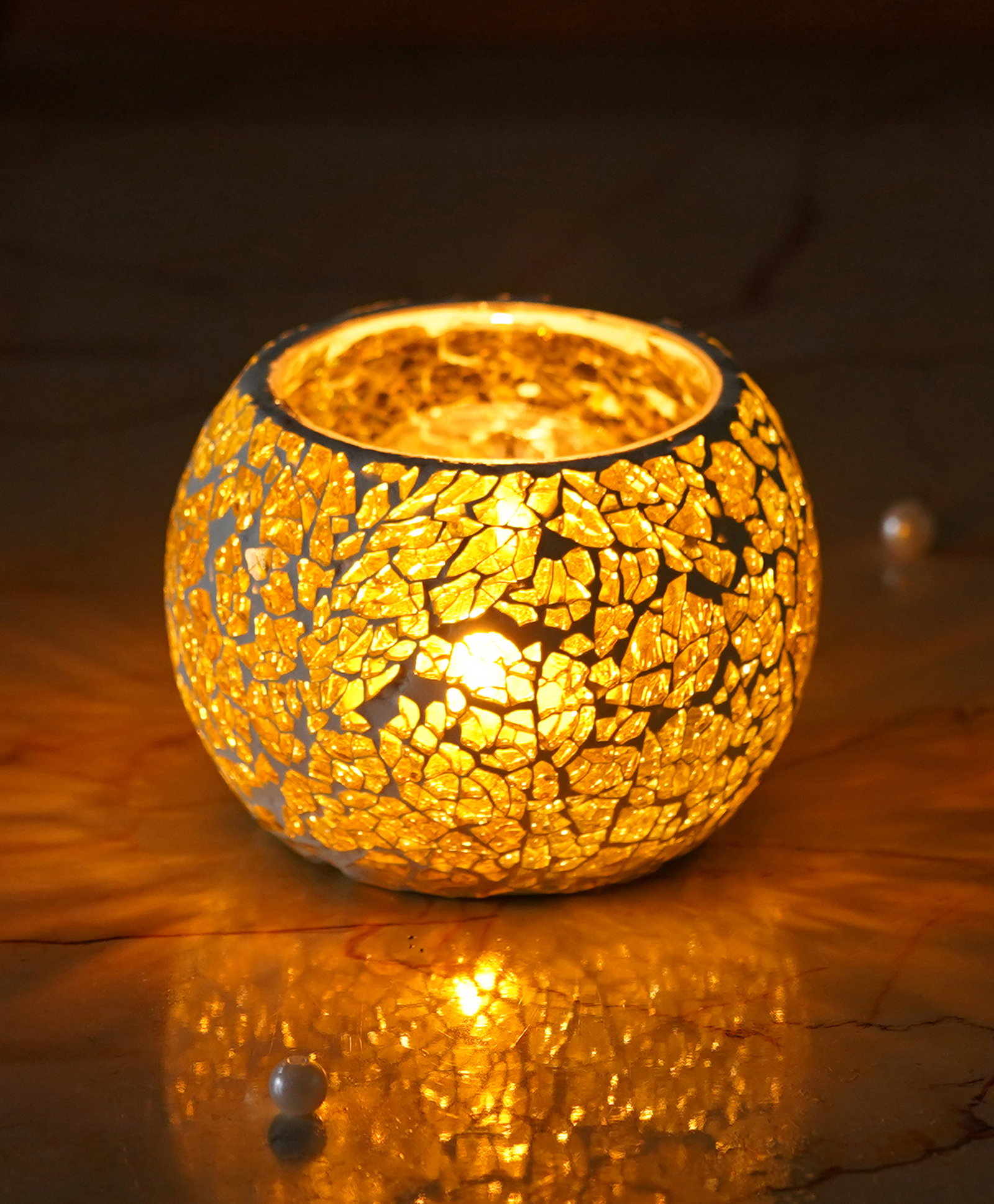 eCraftIndia Yellow Mosiac Glass Decorative Tea Light Holder/diya-image-37