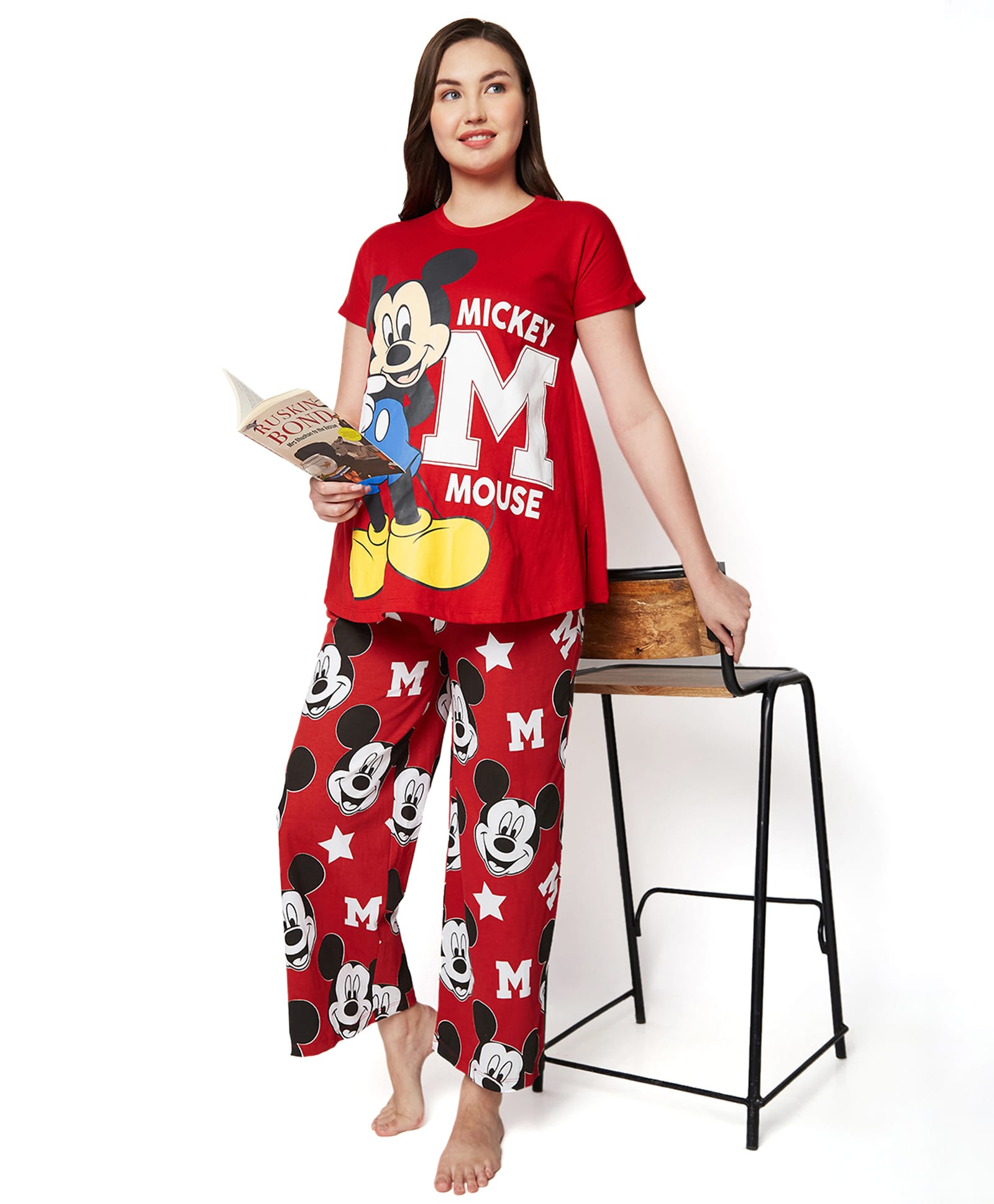 Bella Mama Disney Cotton Knit Half Sleeves Pullover Maternity Night Suit With Mickey Mouse Graphics - Red-image-27
