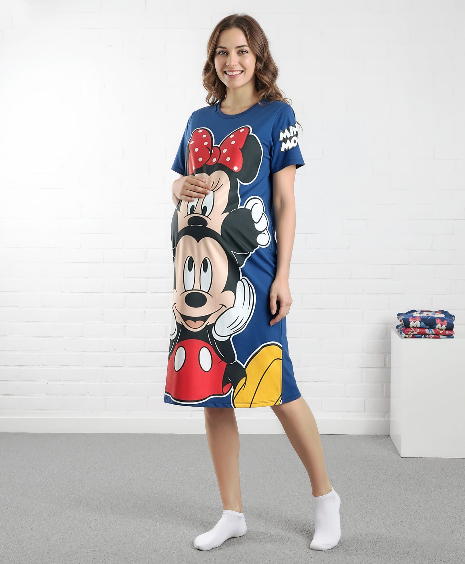 Bella Mama Disney Cotton Knit Half Sleeves Nighty With Minnie and Mickey Graphics - Navy Blue-image-33