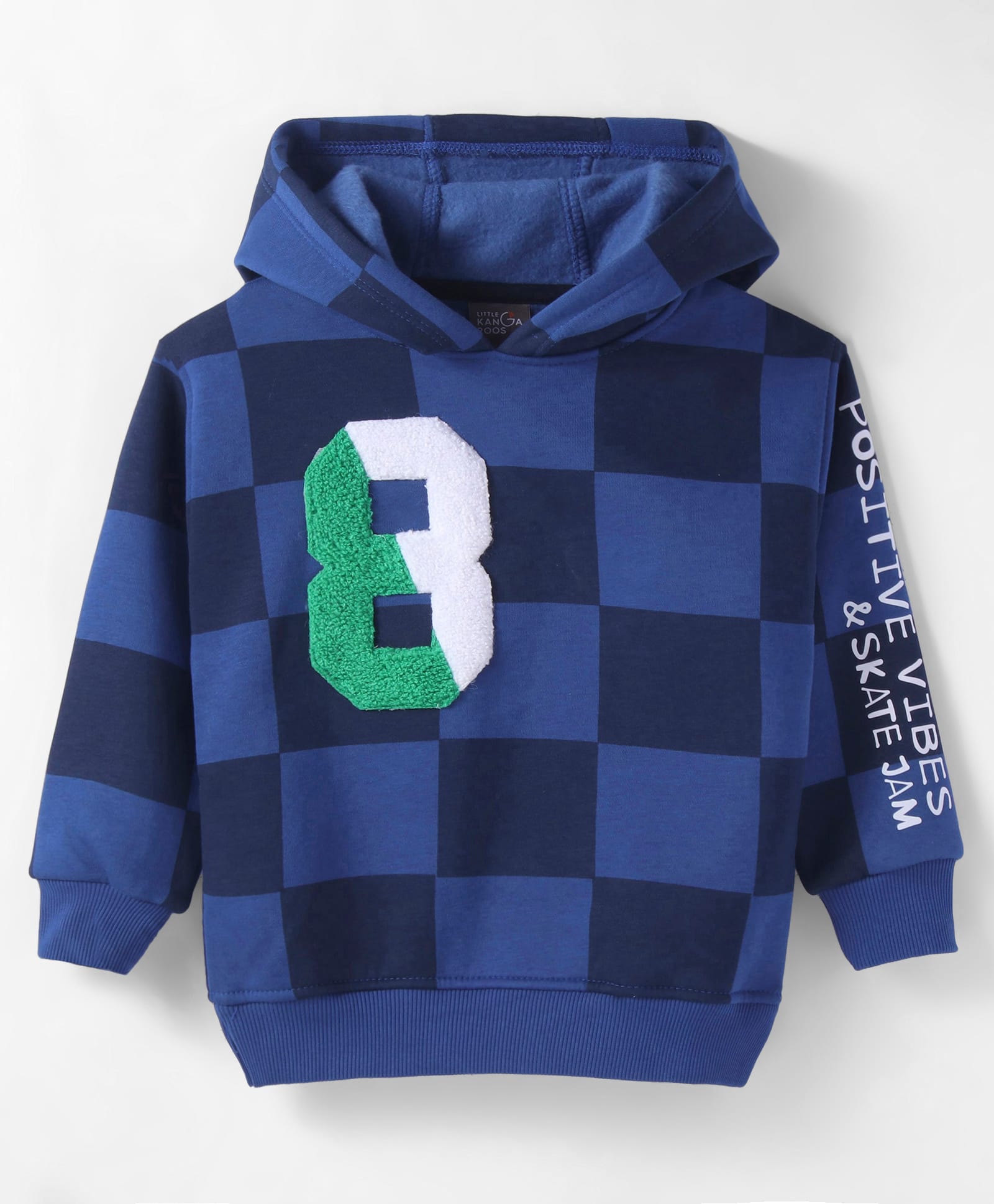 Little Kangaroos Fleece Knitted Full Sleeves Checkered Hooded Sweatshirt with Text Print - Royal Blue-image-3