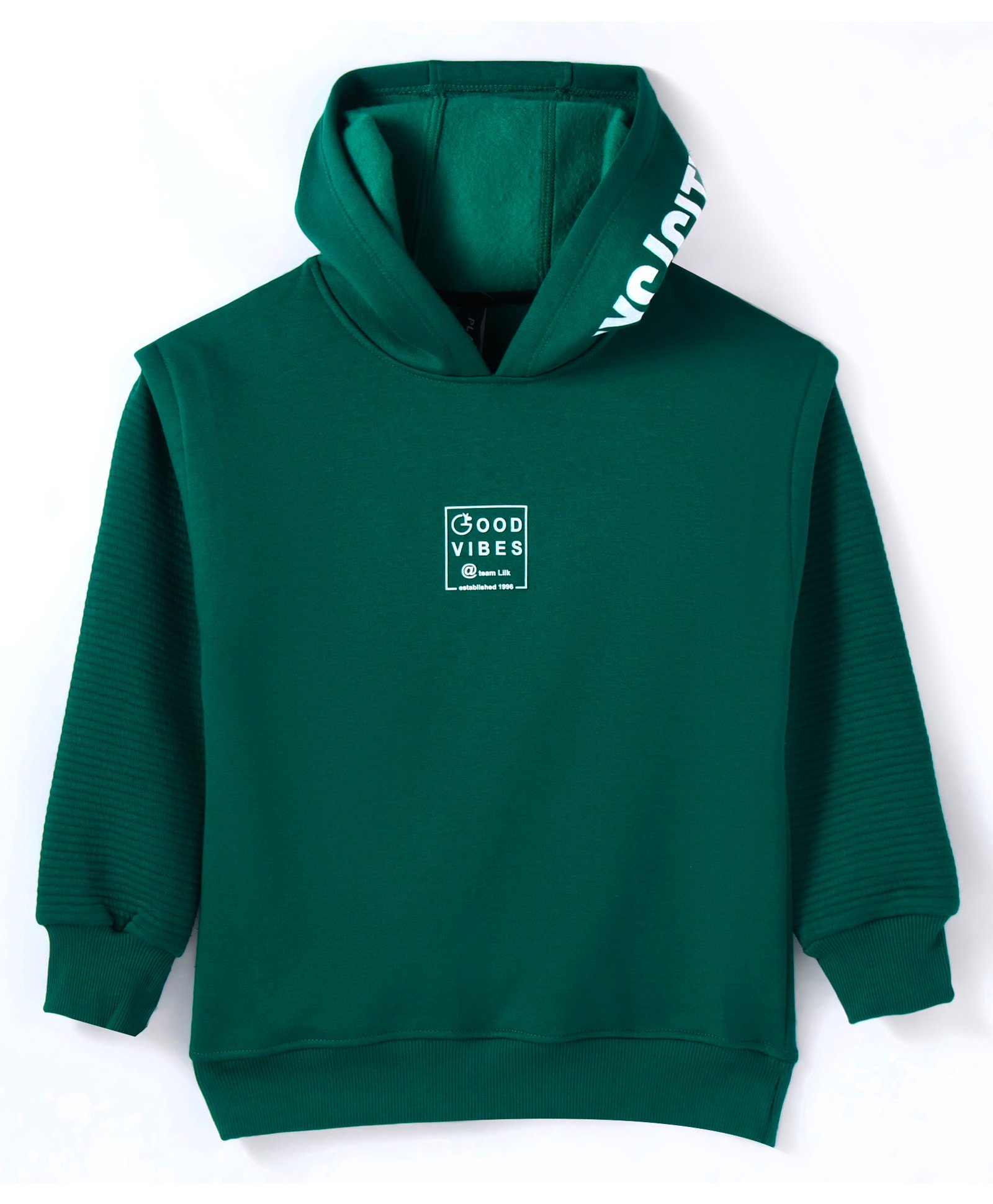Little Kangaroos Fleece Knit Full Sleeves Text Printed Hooded Sweatshirt - Dark Green-image-31