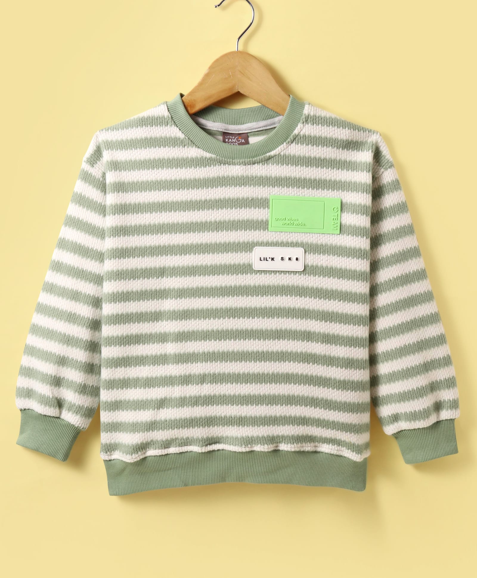 Little Kangaroos Fleece Knitted Full Sleeves Pullover Sweater With Striped Design & Text Patch - Olive Green-image-47