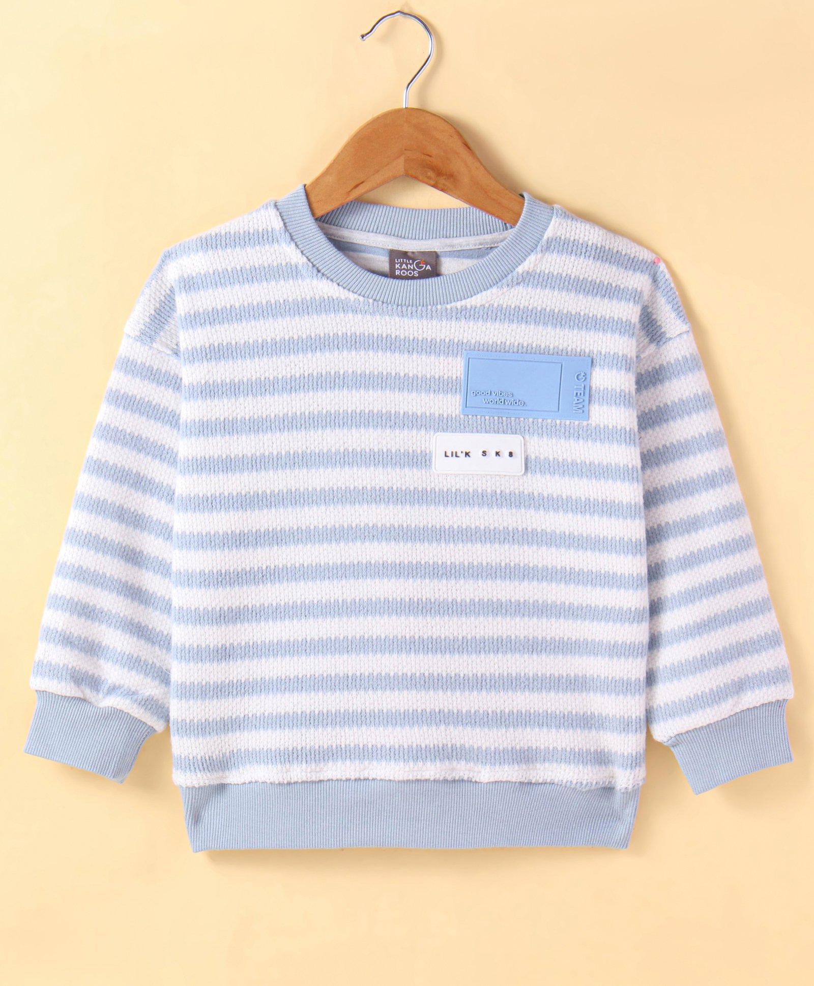 Little Kangaroos Fleece Knitted Full Sleeves Pullover Sweater With Striped Design & Text Patch - Light Blue-picture-15