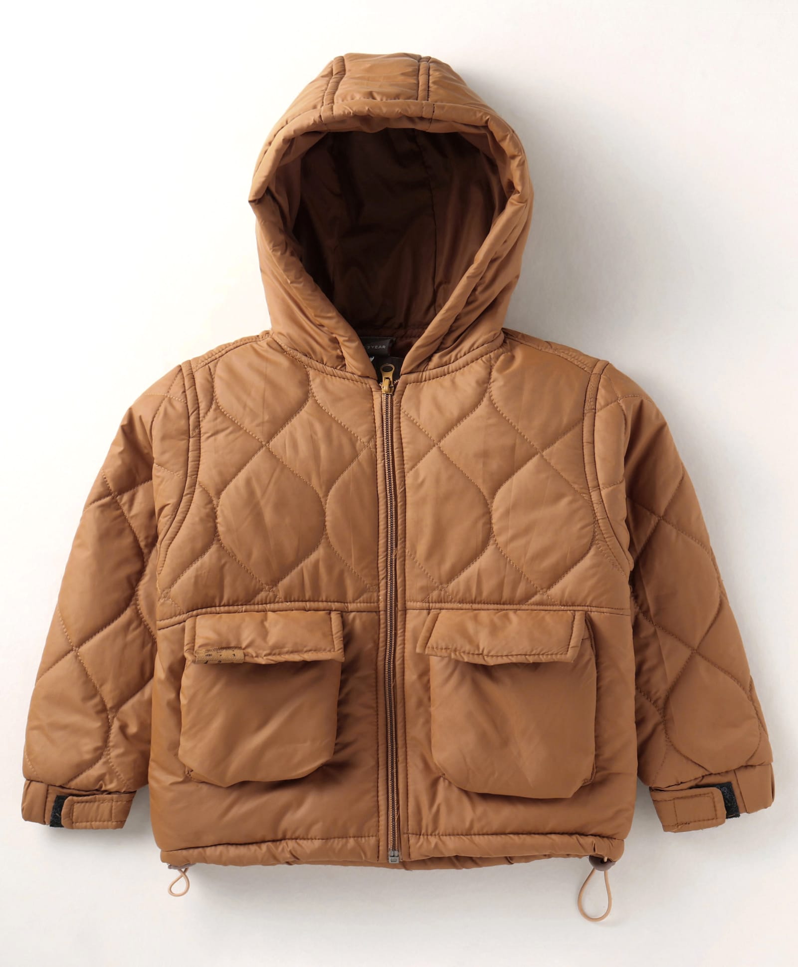 Little Kangaroos Knit Full Sleeves Hooded Padded Jacket With Quilted Design - Tan-picture-14