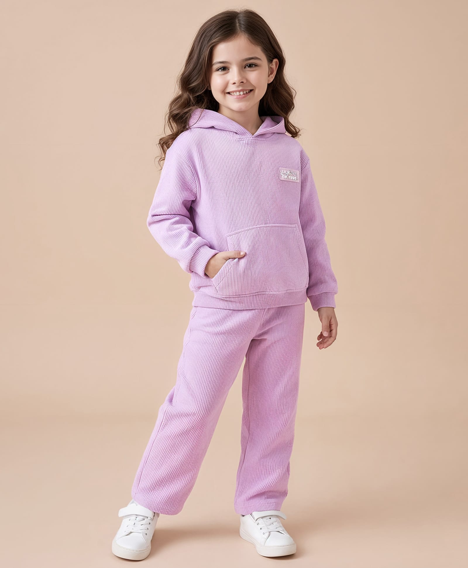 Little Kangaroos Fleece Knit Full Sleeves Winter Wear Suit with Patch Detailing & Kangaroo Pockets - Lilac-picture-11