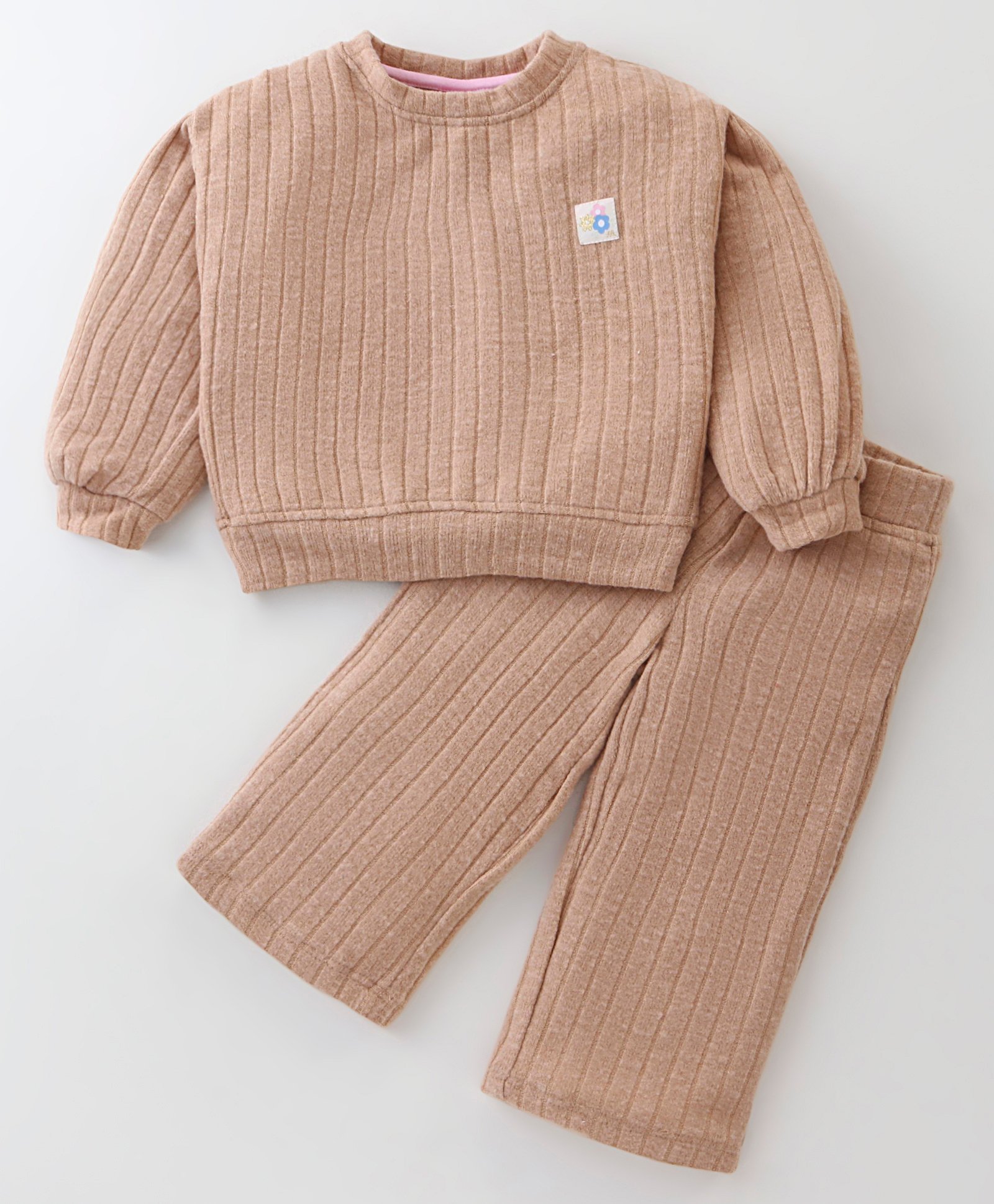 Little Kangaroos Fleece Knit Full Sleeves Winter Wear Sweatshirt & Jogger Pant Set with Floral Patch - Tan-image-23