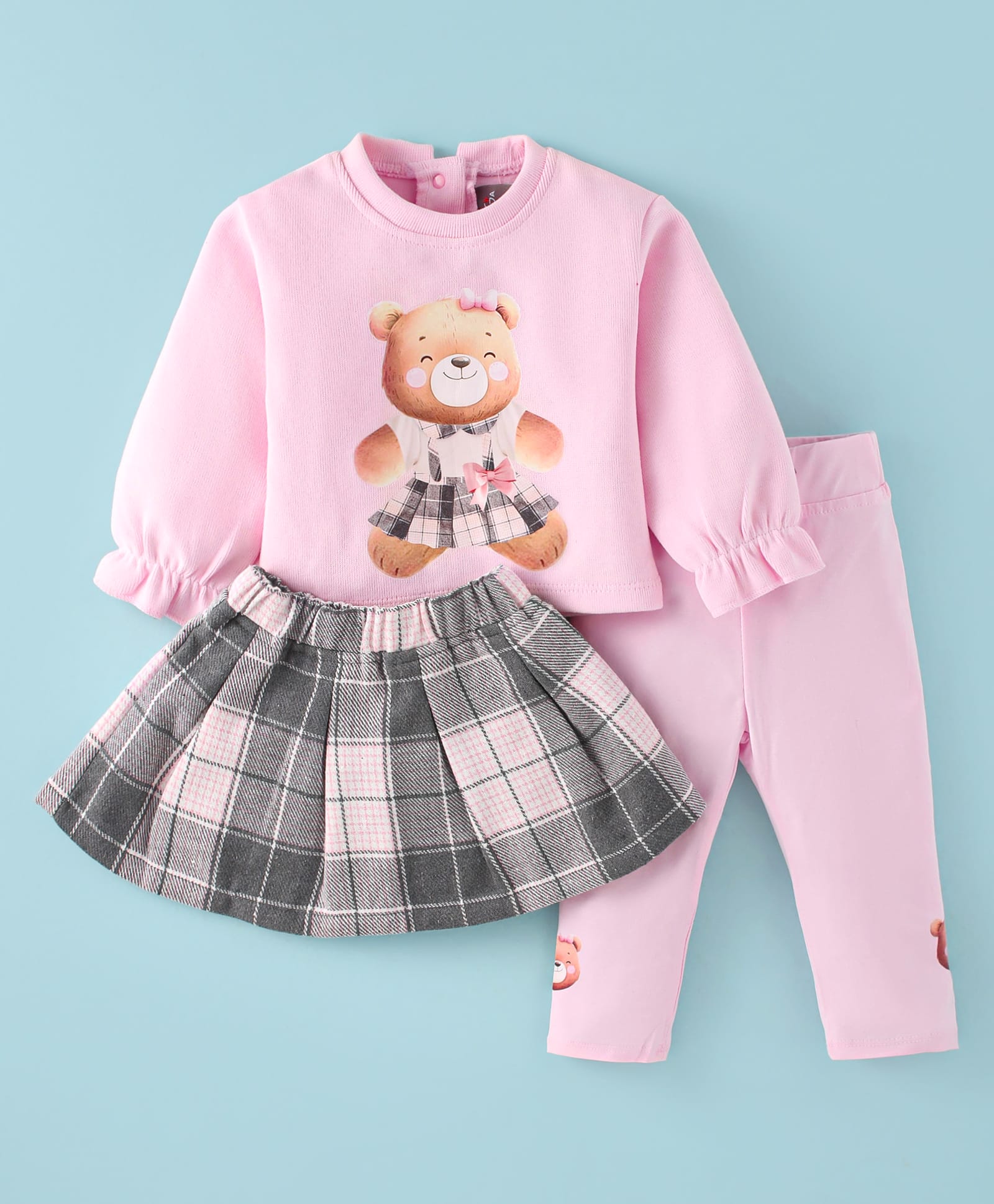 Little Kangaroos Fleece Knit Full Sleeves Winter Wear Sweatshirt & Lounge Pant Set with Checkered Skirt & Bear Print - Pink-image-8