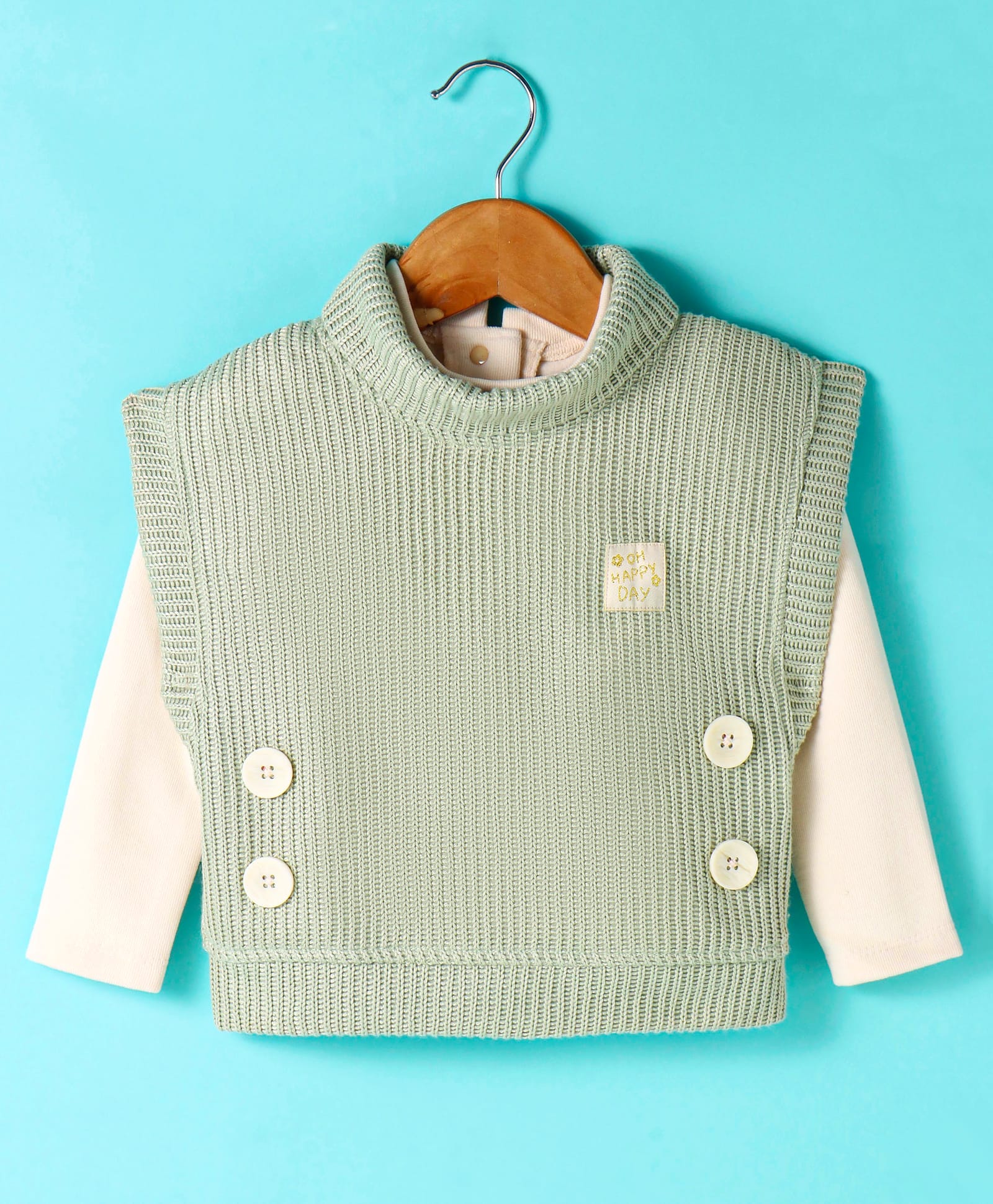 Little Kangaroos Fleece Knitted Sweater with Full Sleeves Knitted Inner T-Shirt - Olive Green-image-49