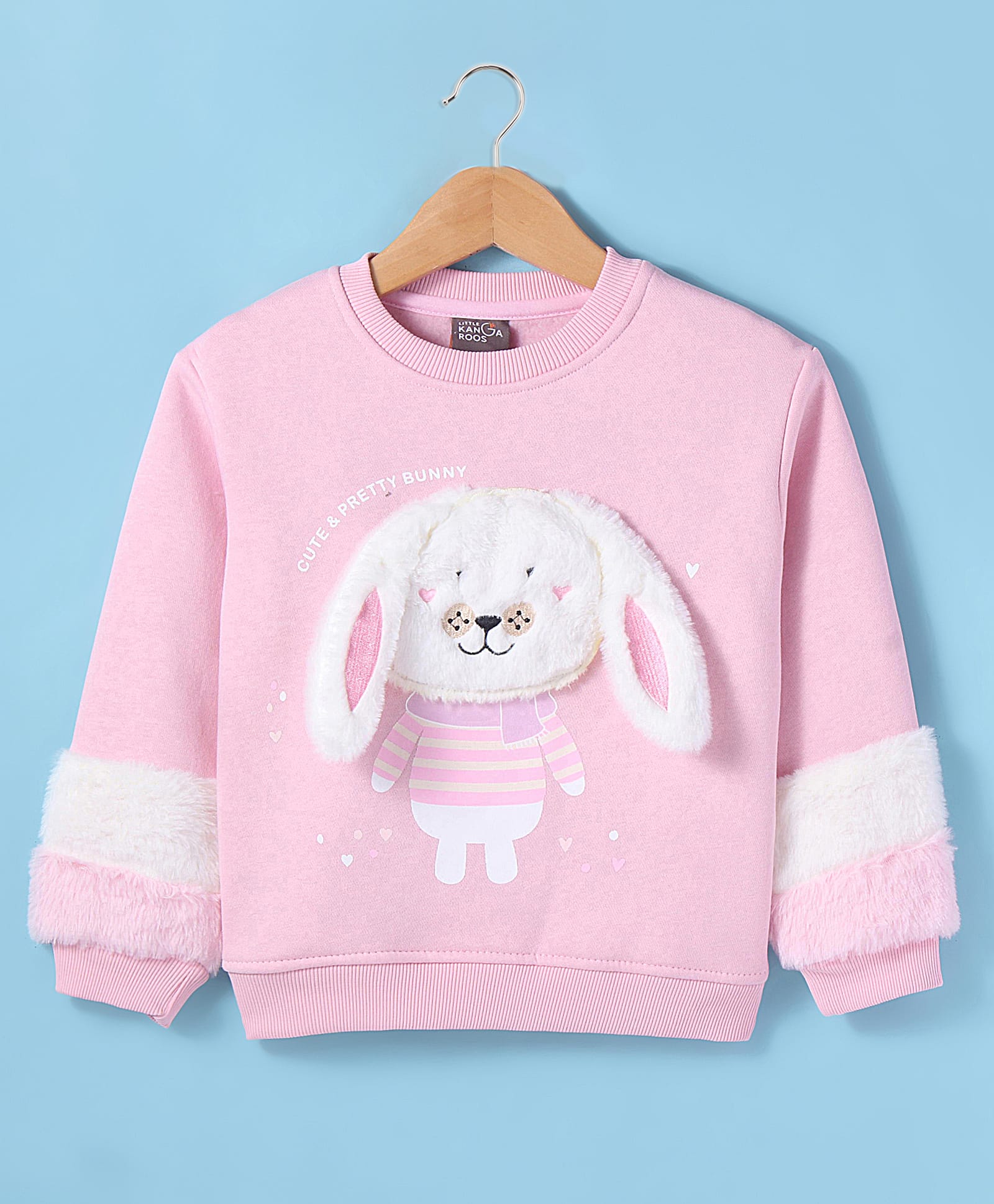 Little Kangaroos Fleece Full Sleeves Sweatshirt With Bunny Applique - Baby Pink-picture-22