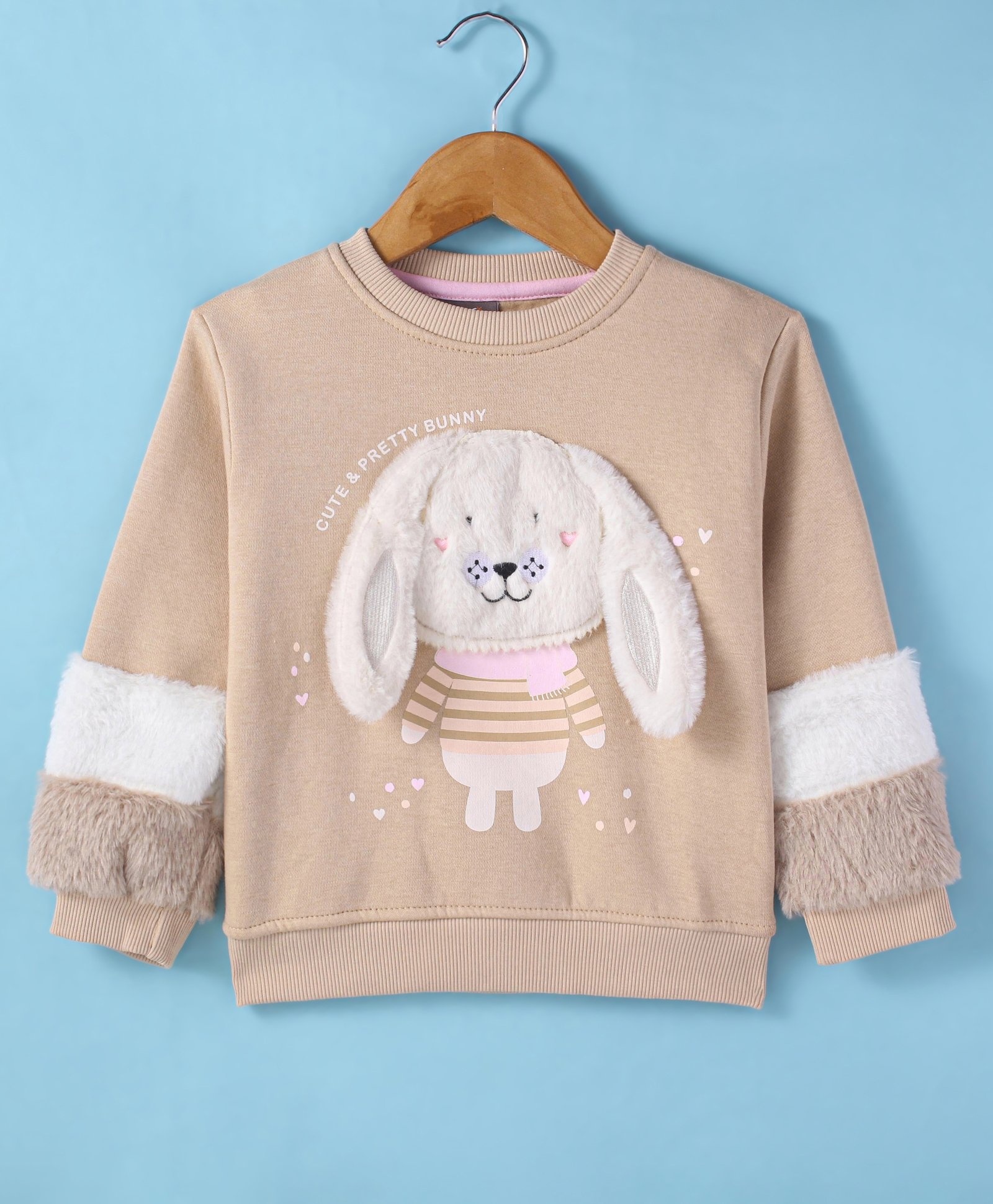 Little Kangaroos Fleece Full Sleeves Sweatshirt With Bunny Applique - Tan-picture-10
