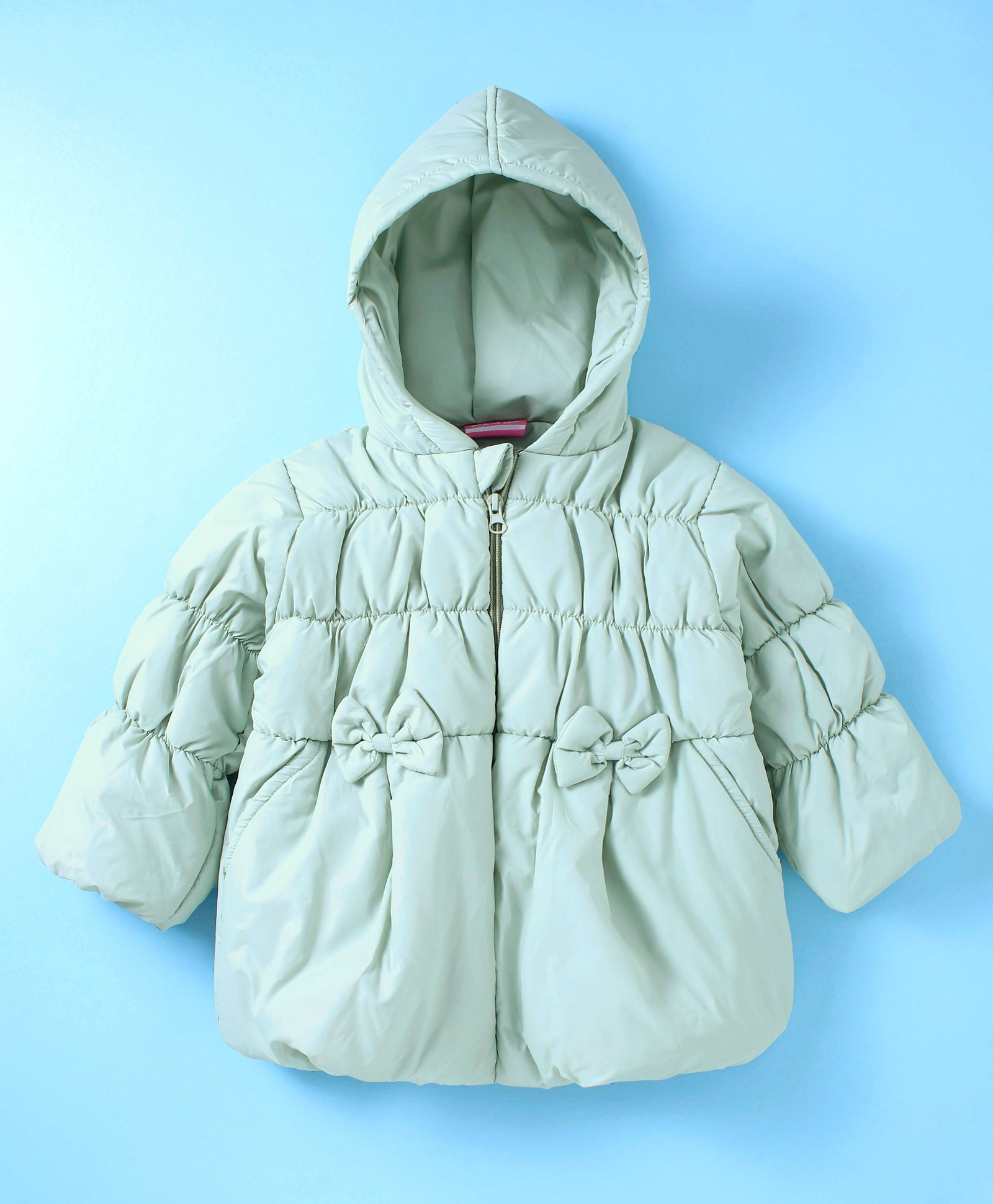 Little Kangaroos Knit Full Sleeves Hooded Quilted Jacket with Bow Applique - Sea Green-image-39