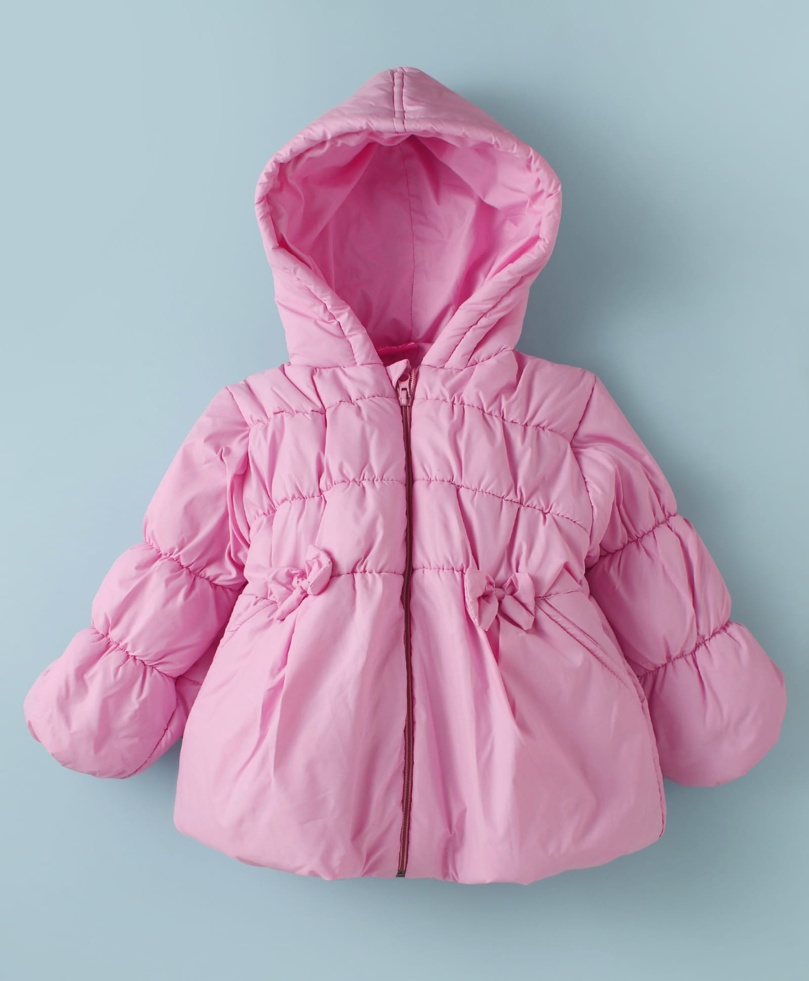 Little Kangaroos Knit Full Sleeves Hooded Quilted Jacket with Bow Applique - Pink-picture-12