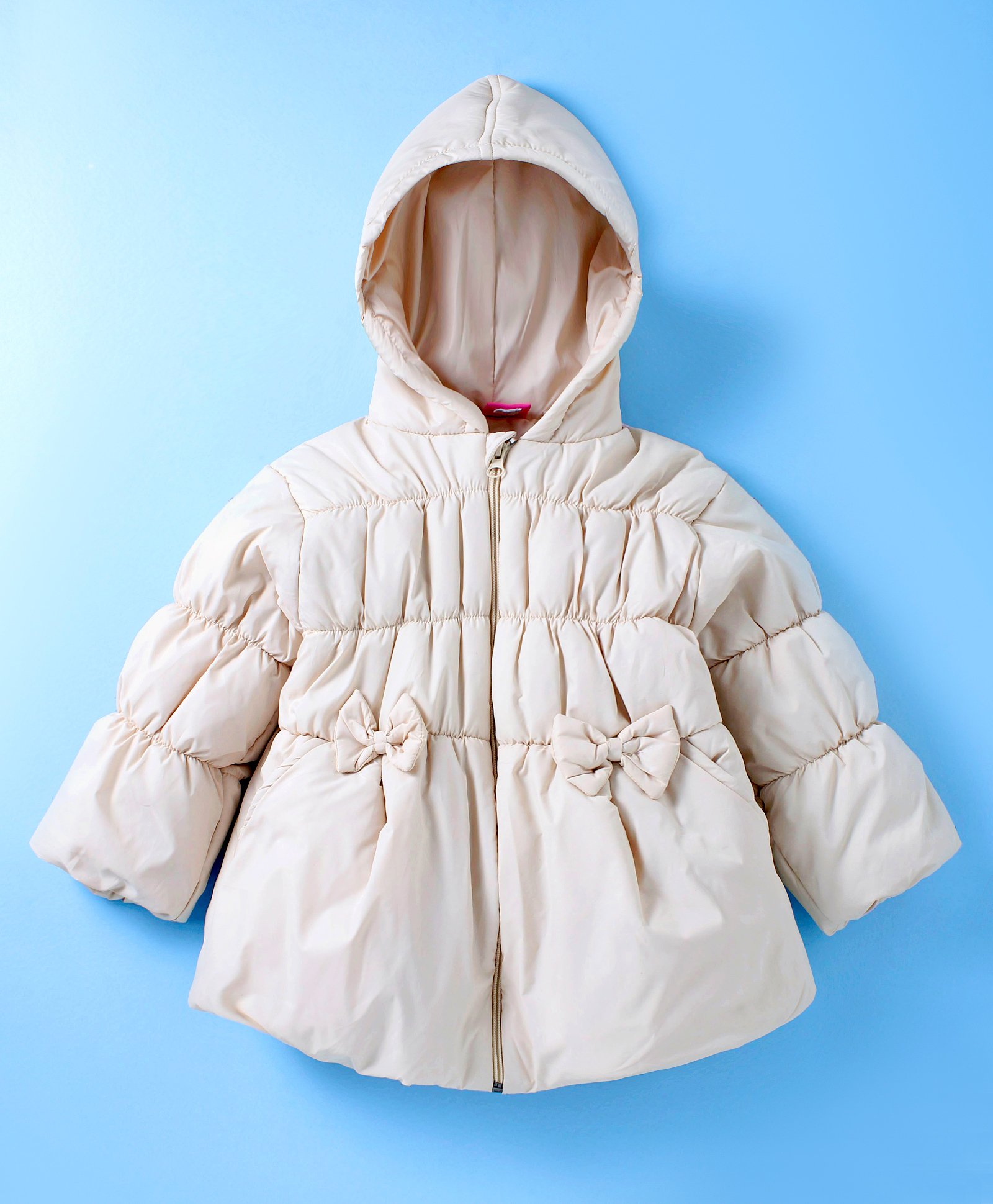 Little Kangaroos Knit Full Sleeves Hooded Quilted Jacket with Bow Applique - Cream-image-7