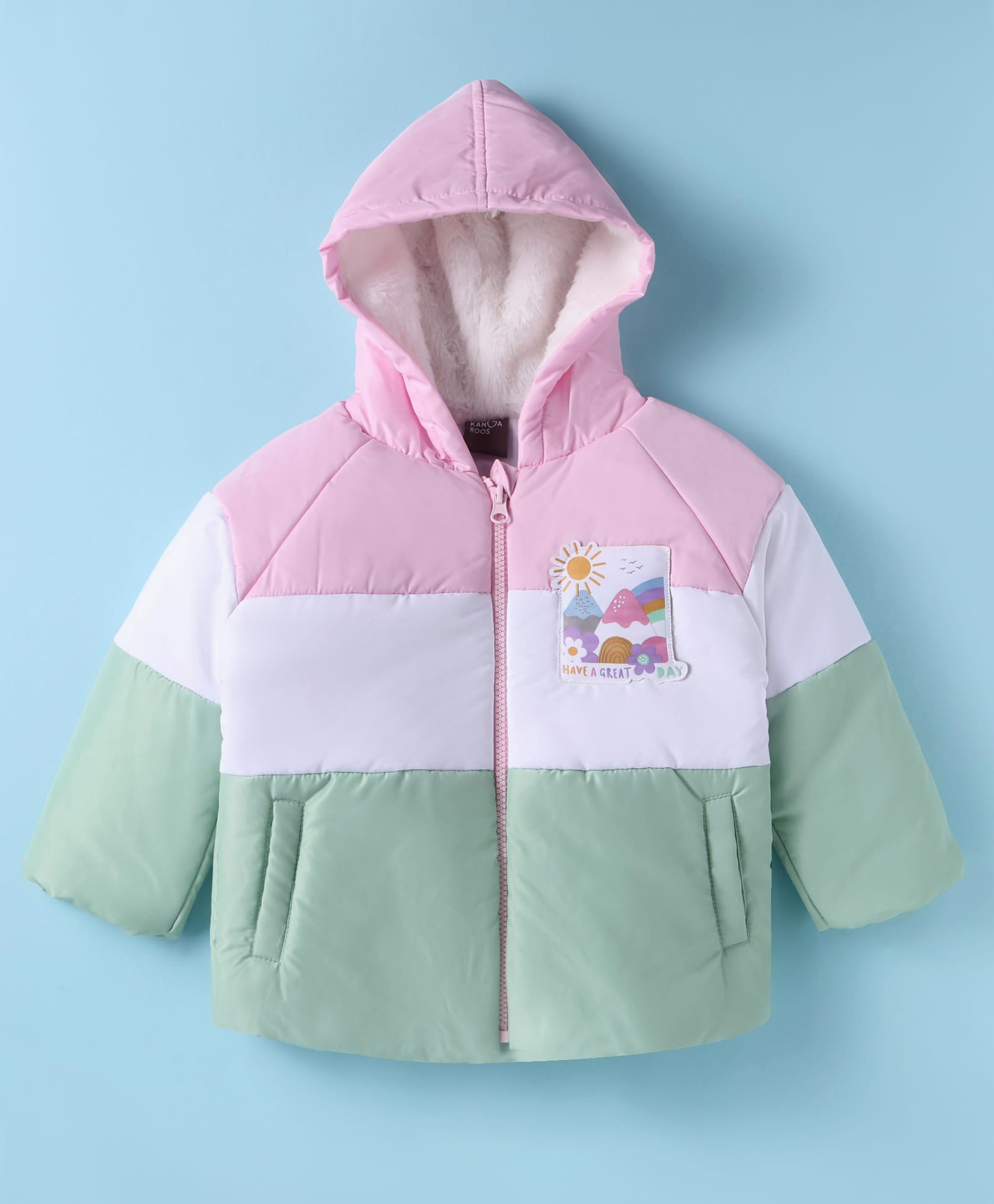 Little Kangaroos Knit Full Raglan Sleeves Hooded Padded Jacket With Colour Block Design & Text Patch - Pink-image-39