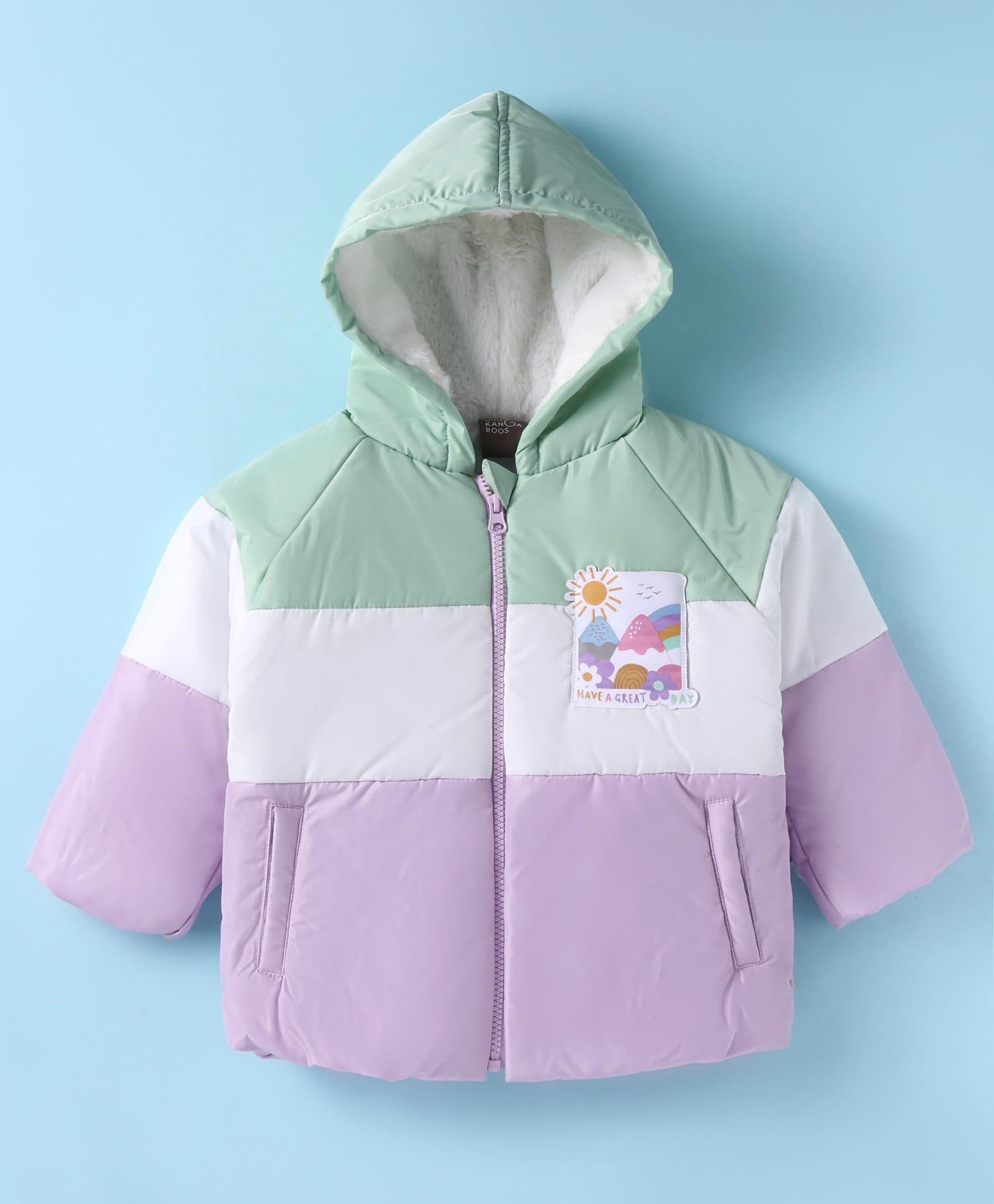 Little Kangaroos Knit Full Raglan Sleeves Hooded Padded Jacket With Colour Block Design & Text Patch - Mint-picture-12