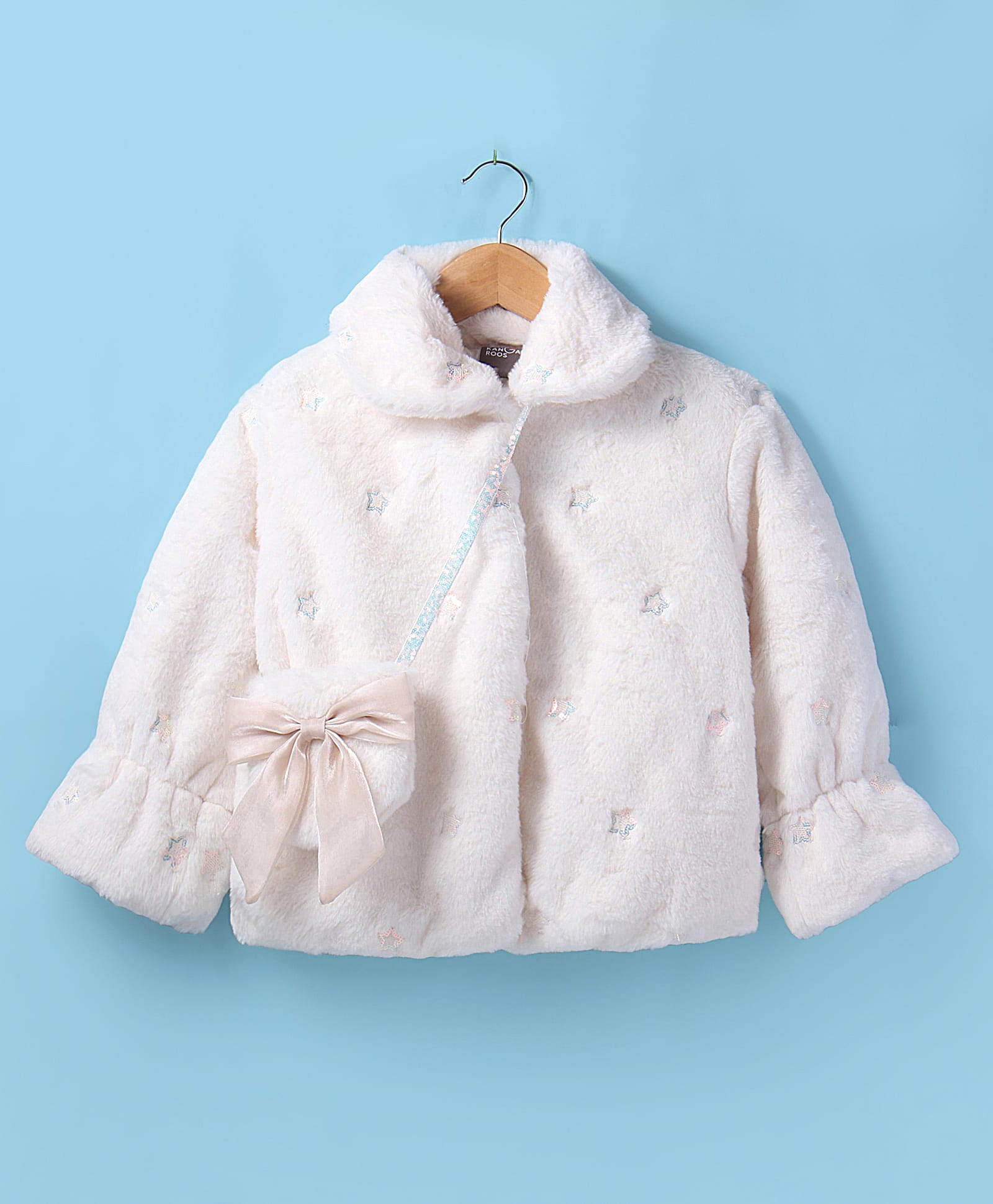 Little Kangaroos Full Sleeves Solid Color Sequinned Fur Winter Jacket with Sling Bag - Off White-picture-32