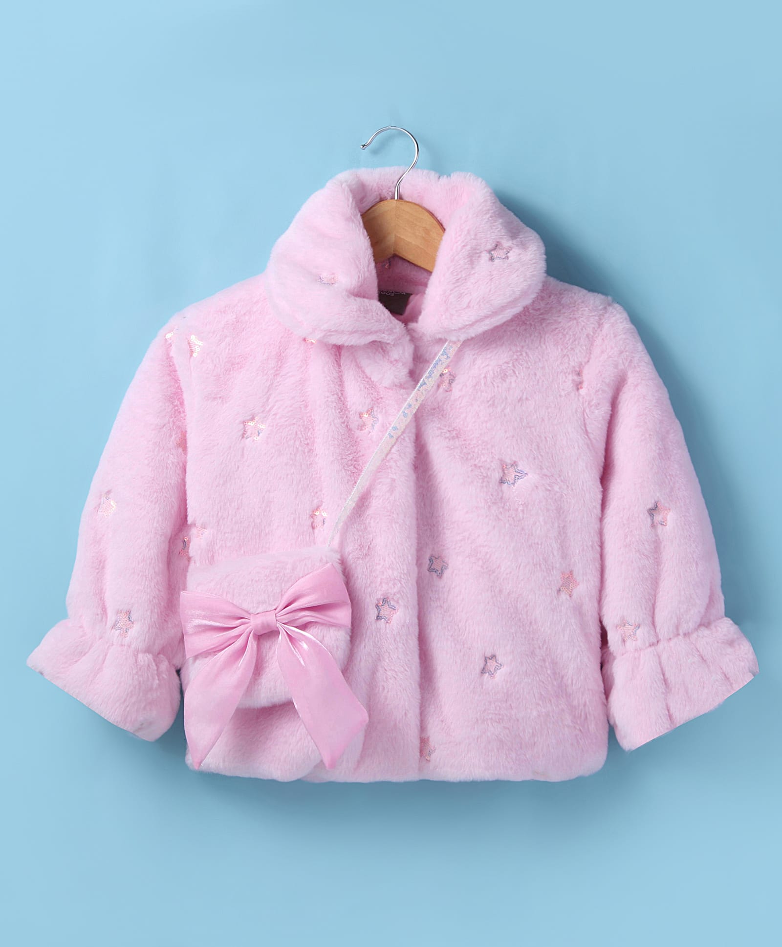 Little Kangaroos Full Sleeves Solid Color Sequinned Fur Winter Jacket with Sling Bag - Off Pink-picture-27