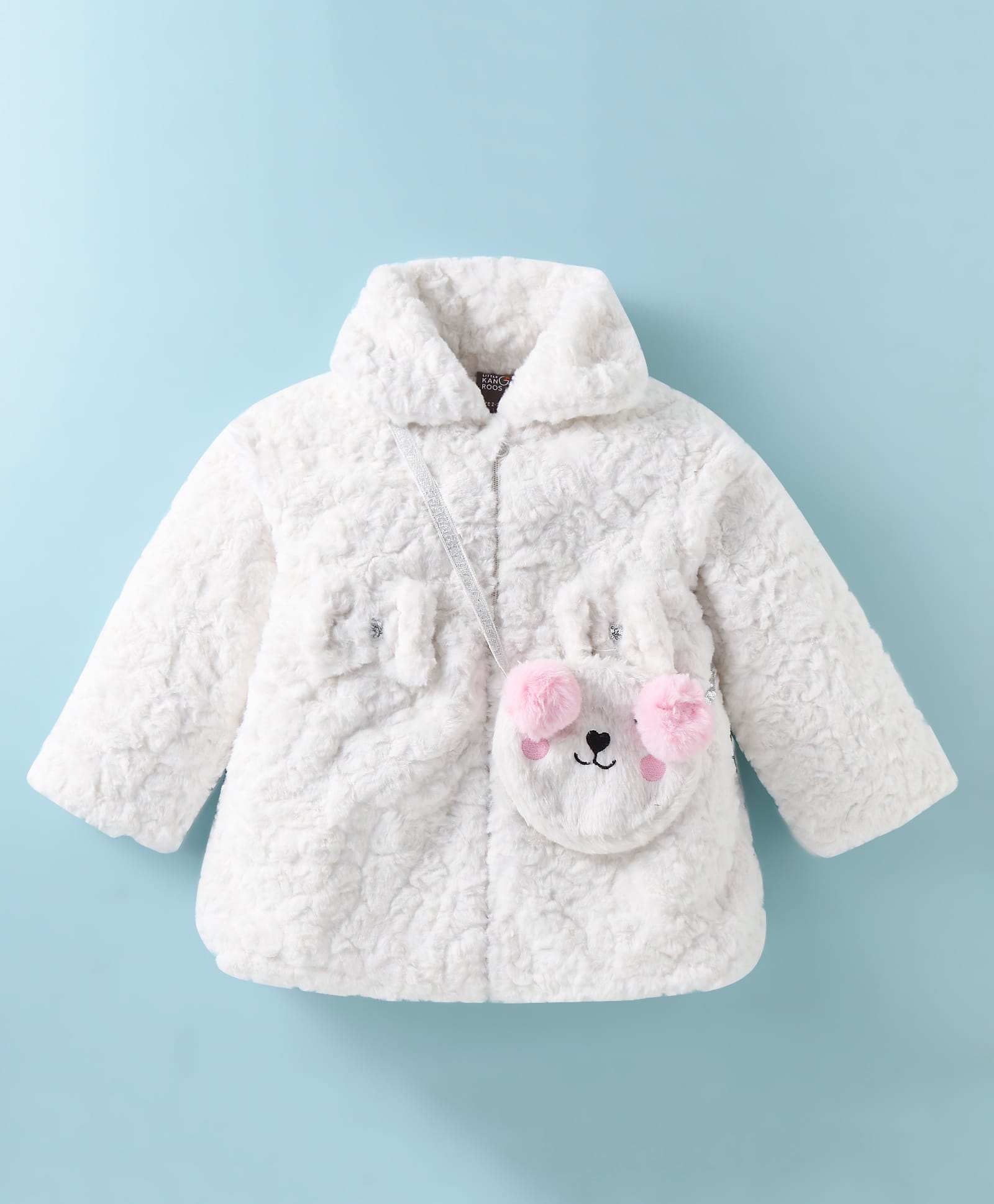 Little Kangaroos Knit Full Sleeves Fur Winter Jacket With Bow Applique & Sling Bag - Off White-image-22