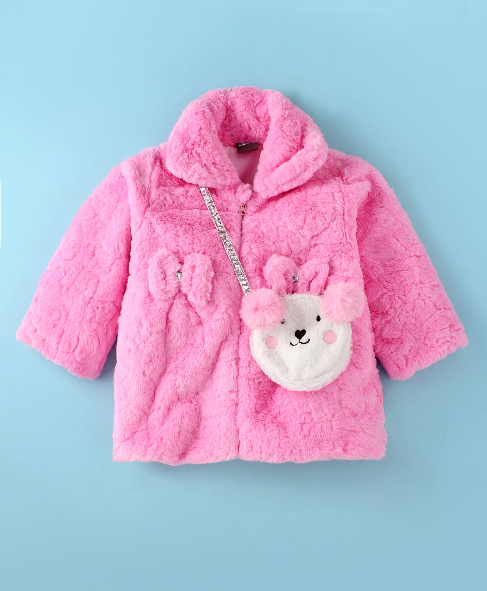 Little Kangaroos Knit Full Sleeves Fur Winter Jacket With Bow Applique & Sling Bag - Pink-image-40