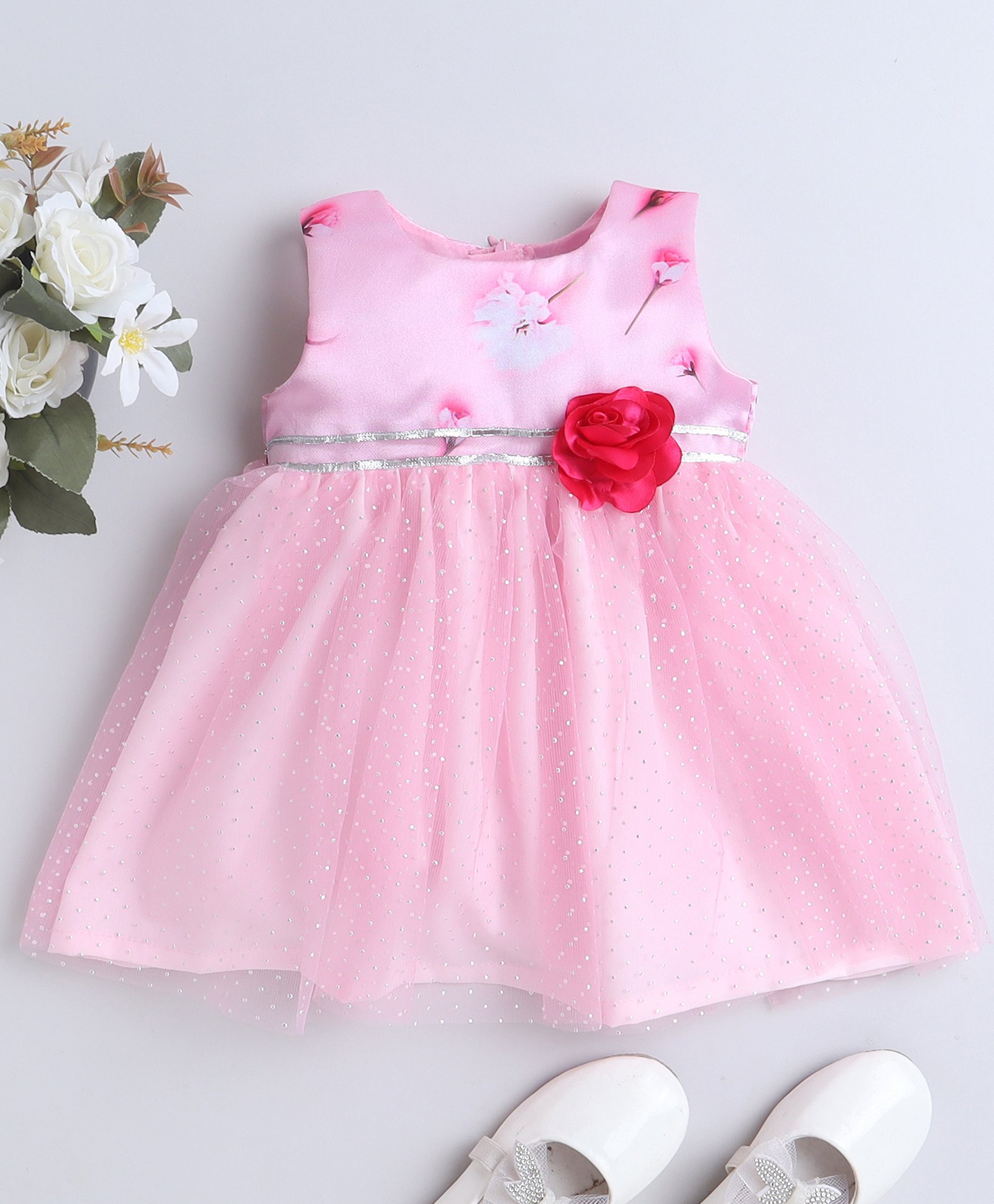 Many frocks & Sleeveless Lace & Foil Dots Embellished Rose Applique Detailed Party Wear Dress - Pink-image-41