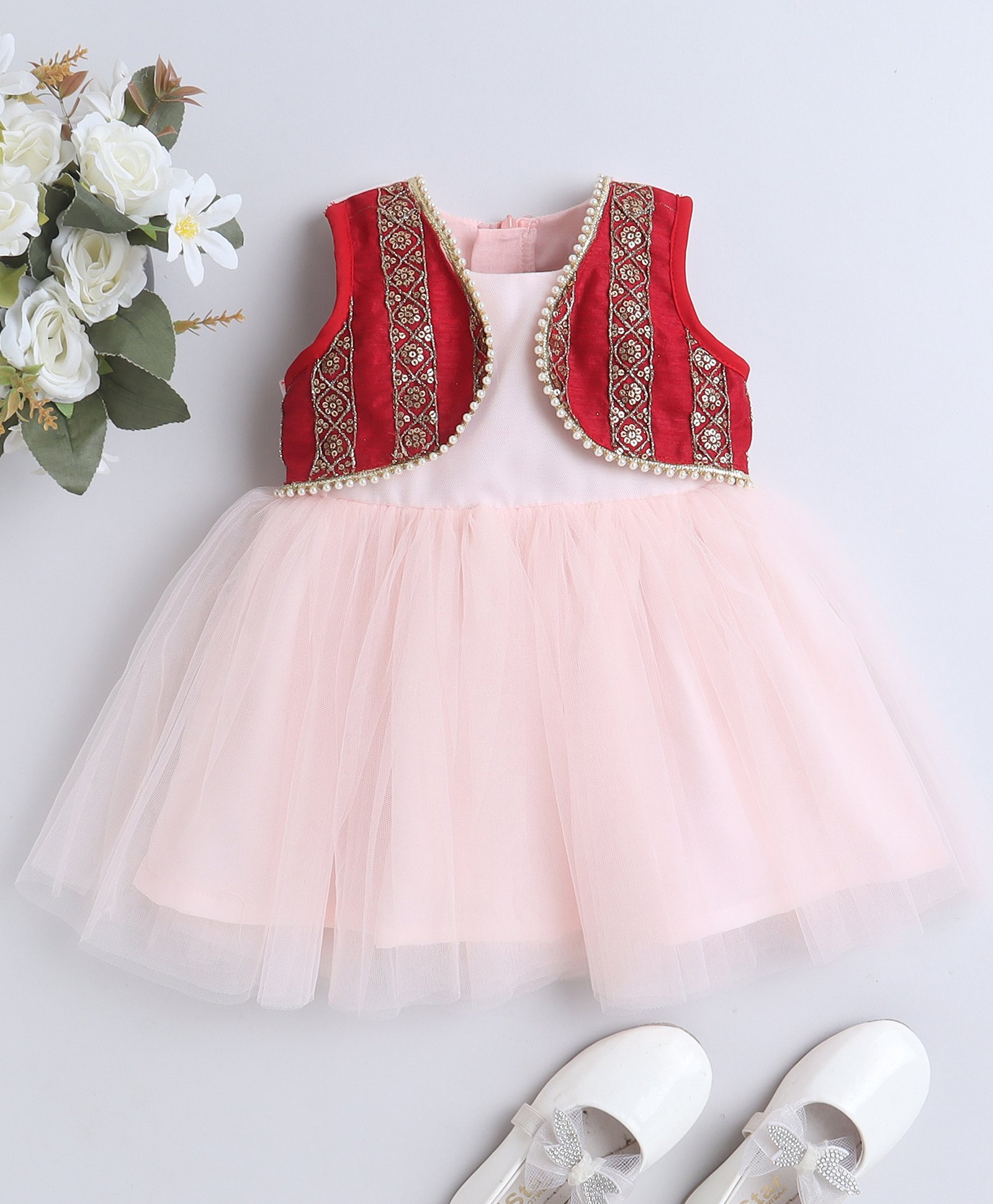 Many frocks & Sleeveless Pearls & Sequins Embellished Flared Net Dress - Pink & Maroon-image-23