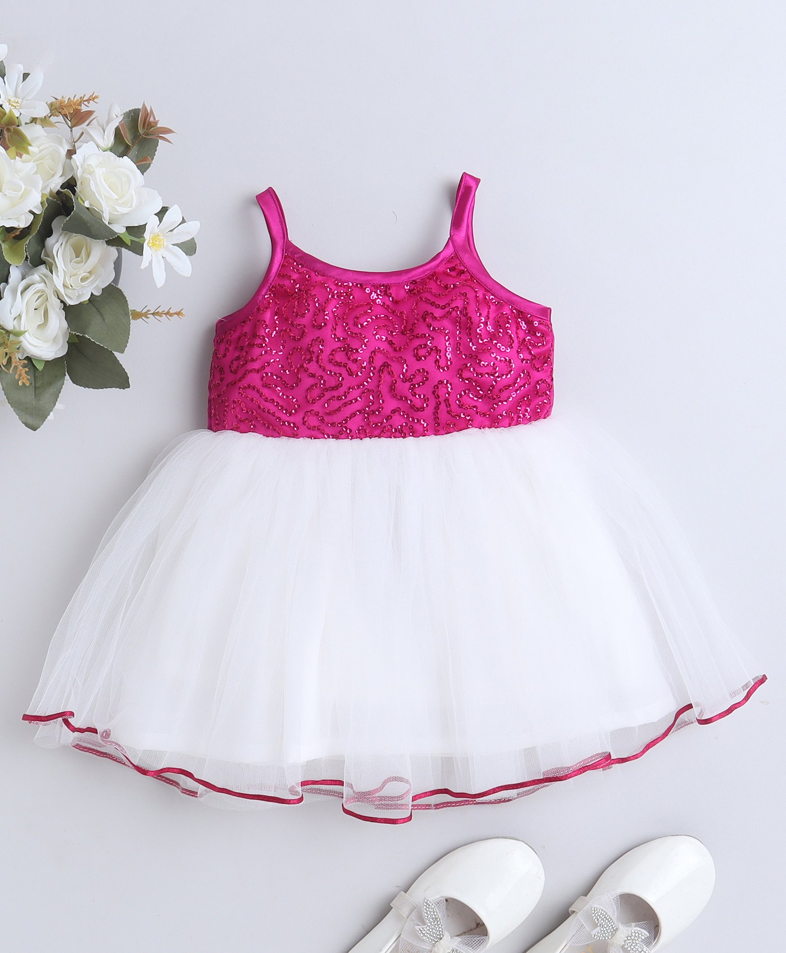 Many frocks & Sleeveless Sequins Embellished Net Party Wear Dress - White & Magenta-image-29