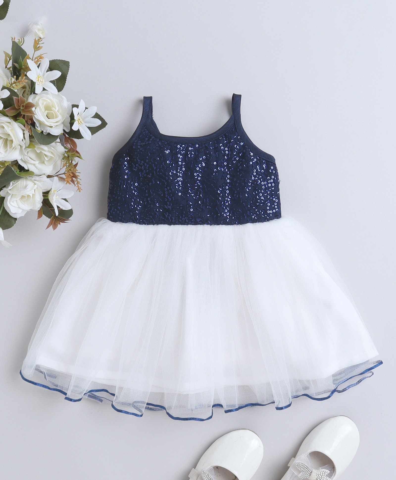 Many frocks & Sleeveless Sequins Embellished Net Party Wear Dress - White & Blue-image-17