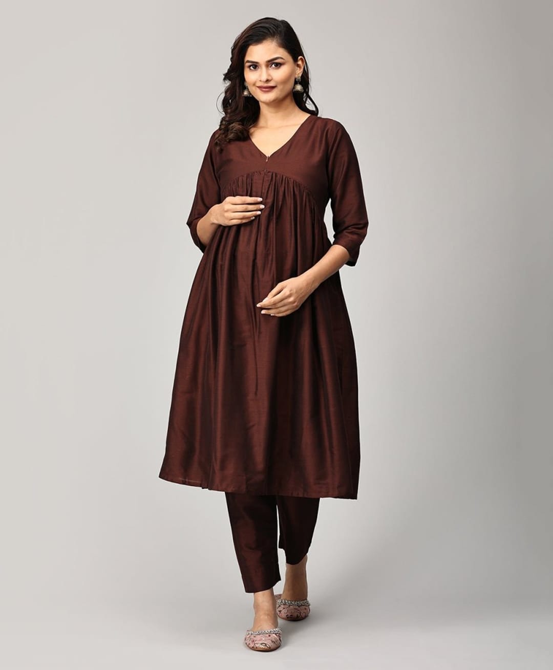The Mom Store Silk Three Fourth Sleeves Solid Maternity Kurta With Nursing Access & Salwar Set - Brown-picture-28