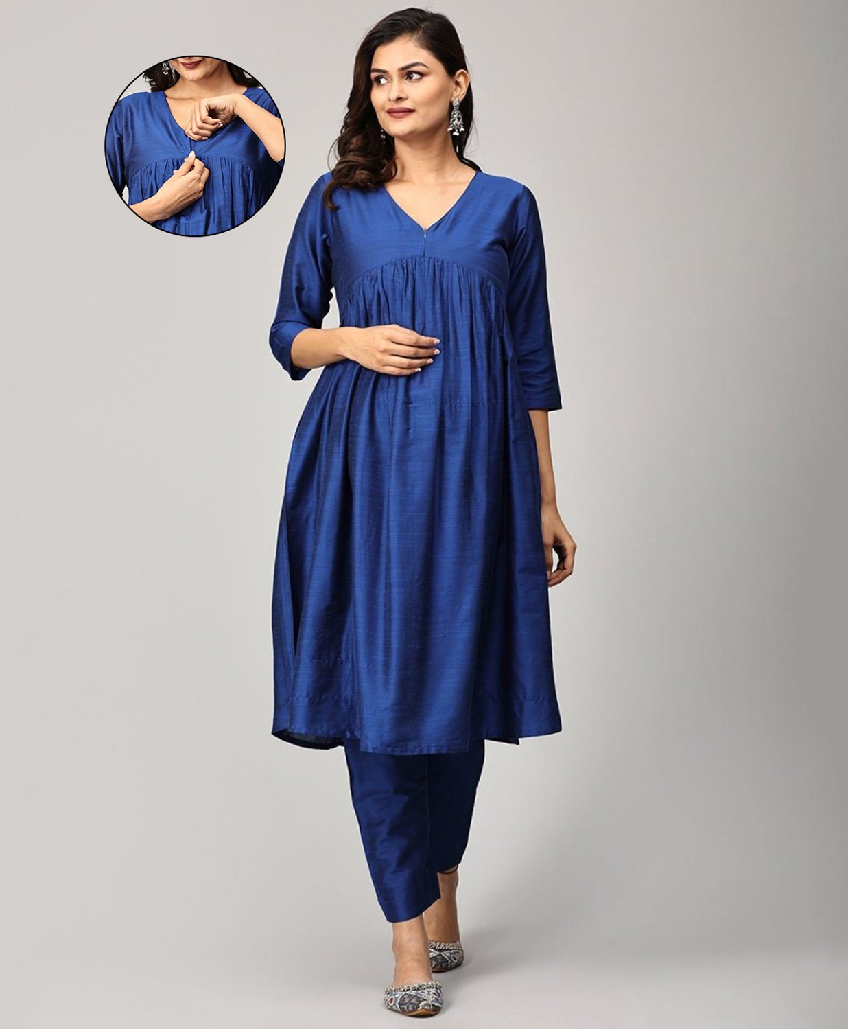 The Mom Store Silk Three Fourth Sleeves Solid Maternity Kurta With Nursing Access & Salwar Set - Blue-picture-28