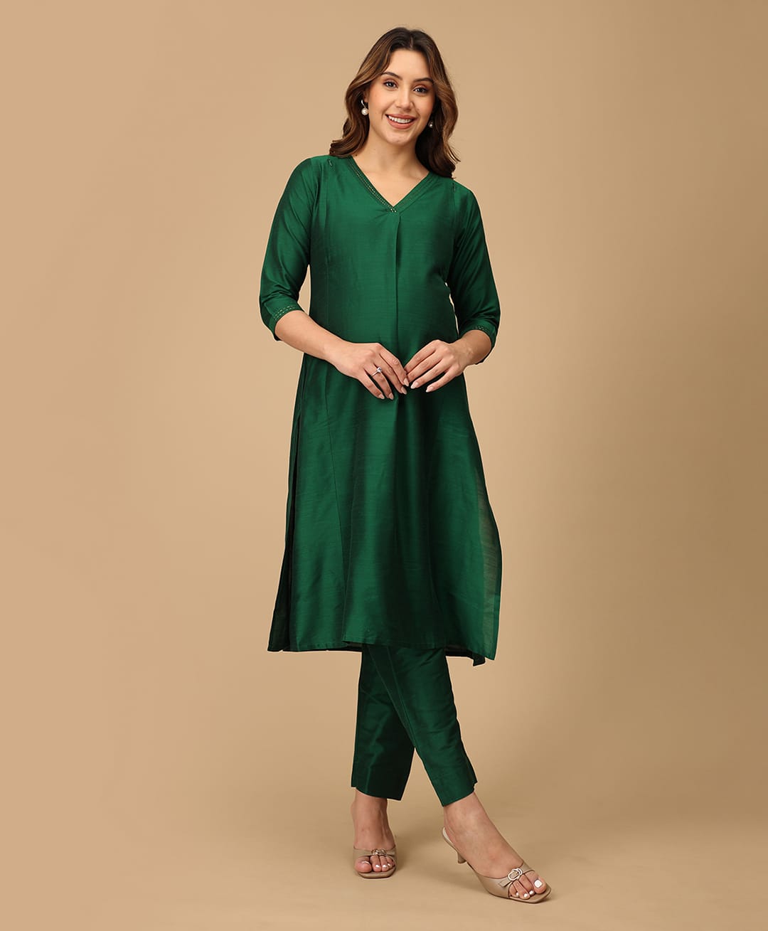 The Mom Store Silk Three Fourth Sleeves Solid Maternity Kurta With Nursing Access & Salwar Set - Green-picture-25