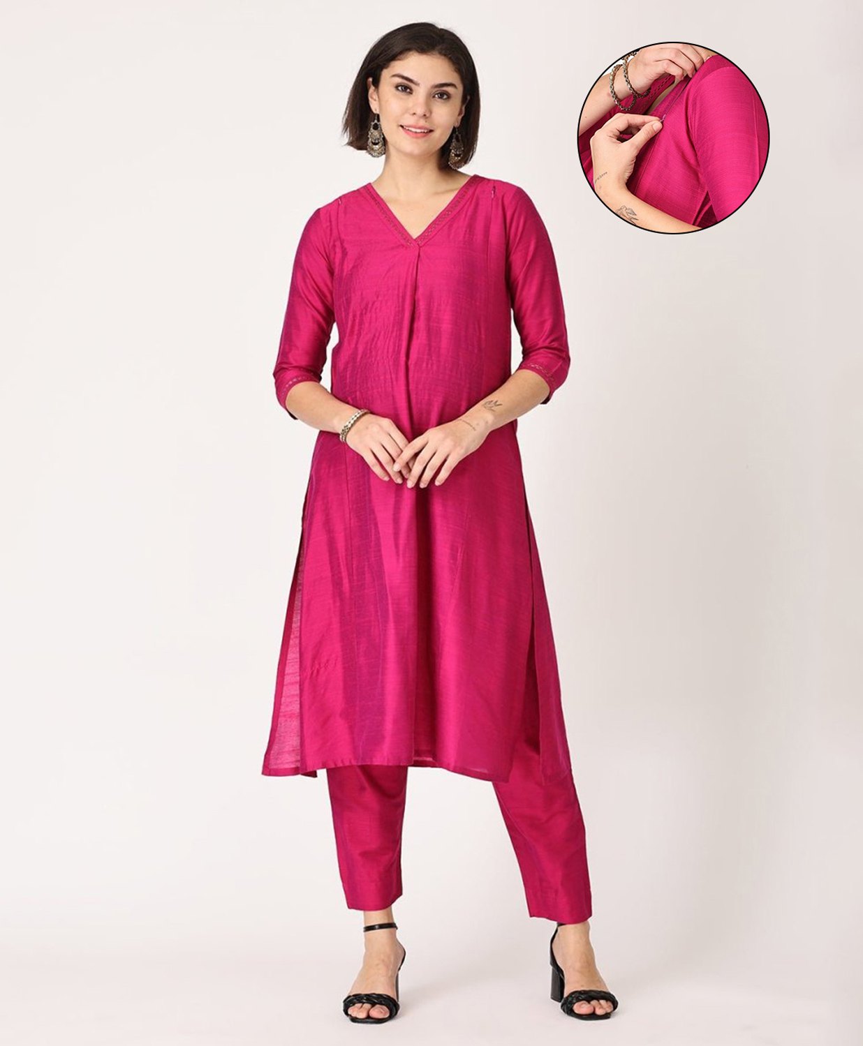 The Mom Store Silk Three Fourth Sleeves Solid Maternity Kurta With Nursing Access & Salwar Set - Pink-picture-22