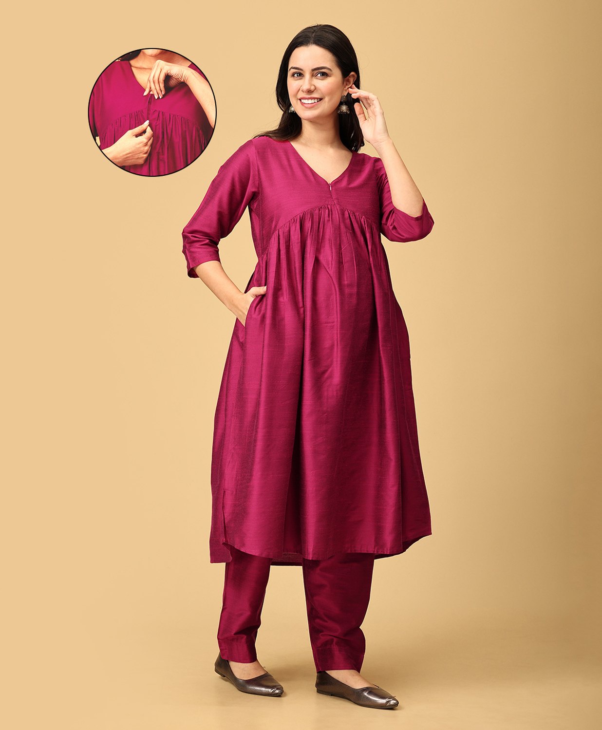 The Mom Store Silk Three Fourth Sleeves Solid Maternity Kurta With Nursing Access & Coordinating Salwar Set - Pink-picture-20