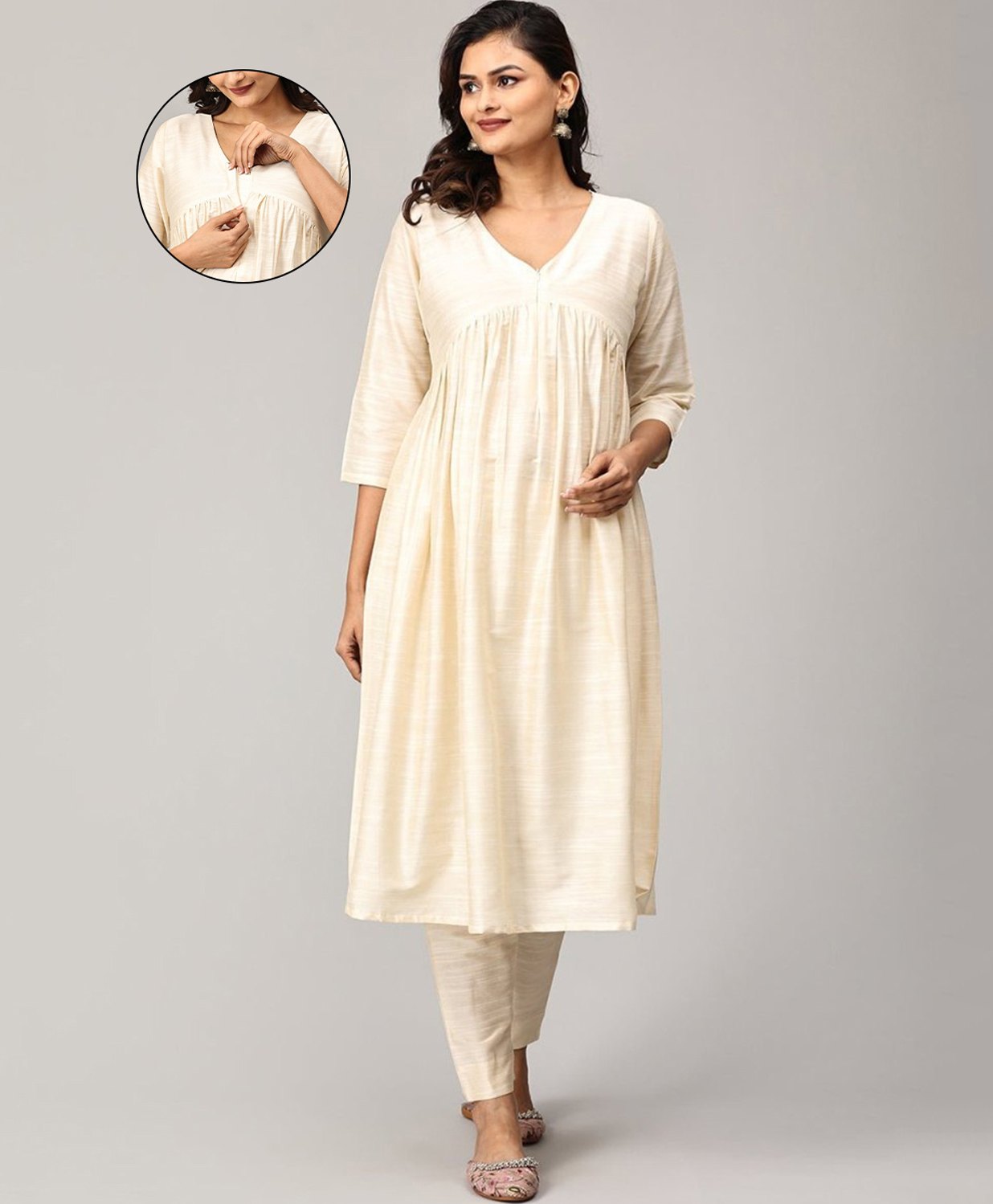 The Mom Store Silk Three Fourth Sleeves Solid Maternity Kurta With Nursing Access Salwar Set - Off White-picture-21