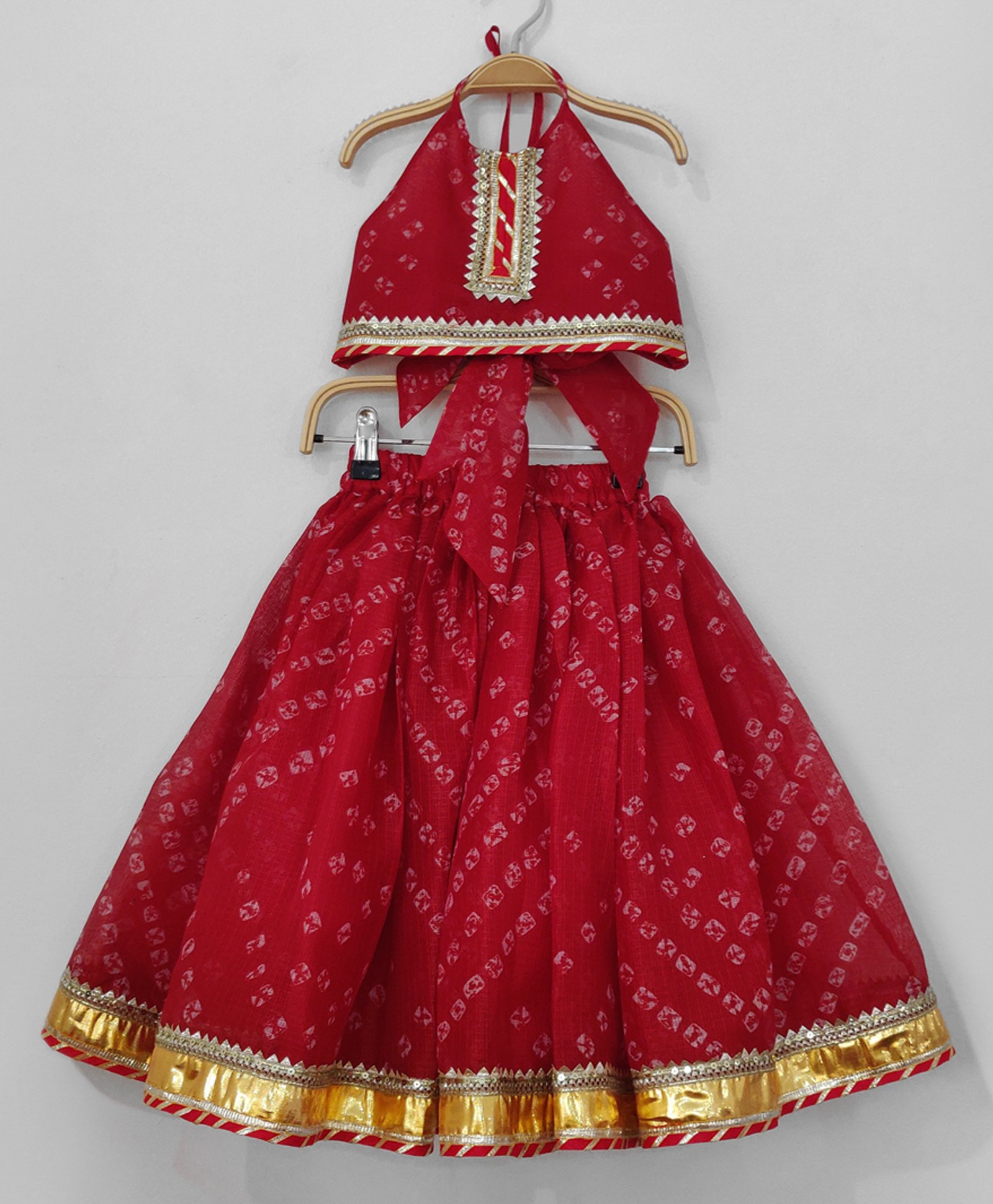 BYB Premium Cotton Kota bandhani printed skirt and halter top set - Maroon-image-39