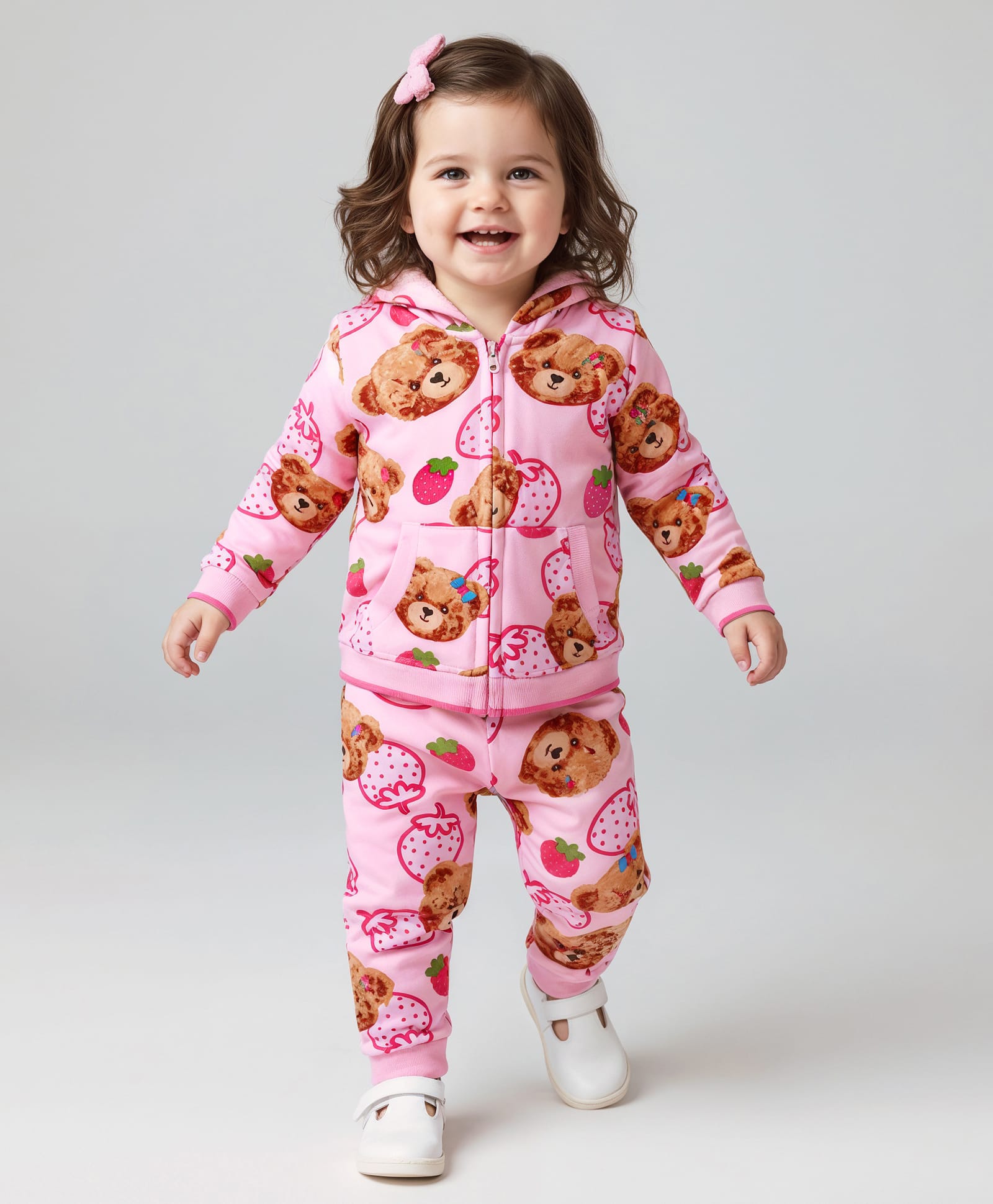 Babyhug Terry Knit Full Sleeves Hooded Sweatjacket & Lounge Pant Set With Teddy Bear Print - Pink-picture-11