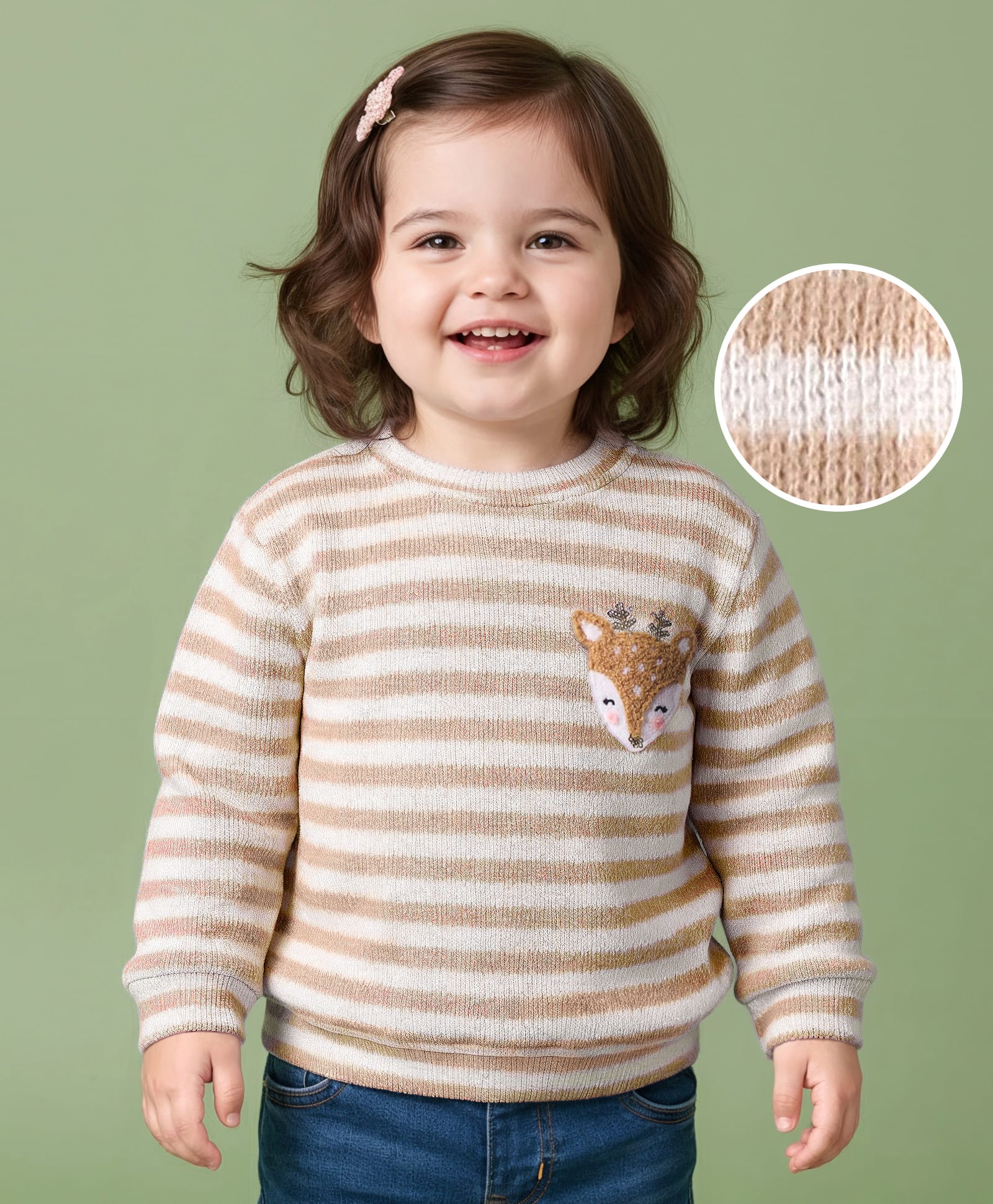 Little Kangaroos Fleece Knit Full Sleeves Winter T-Shirts With Reindeer Embroidery -Bronze-picture-16