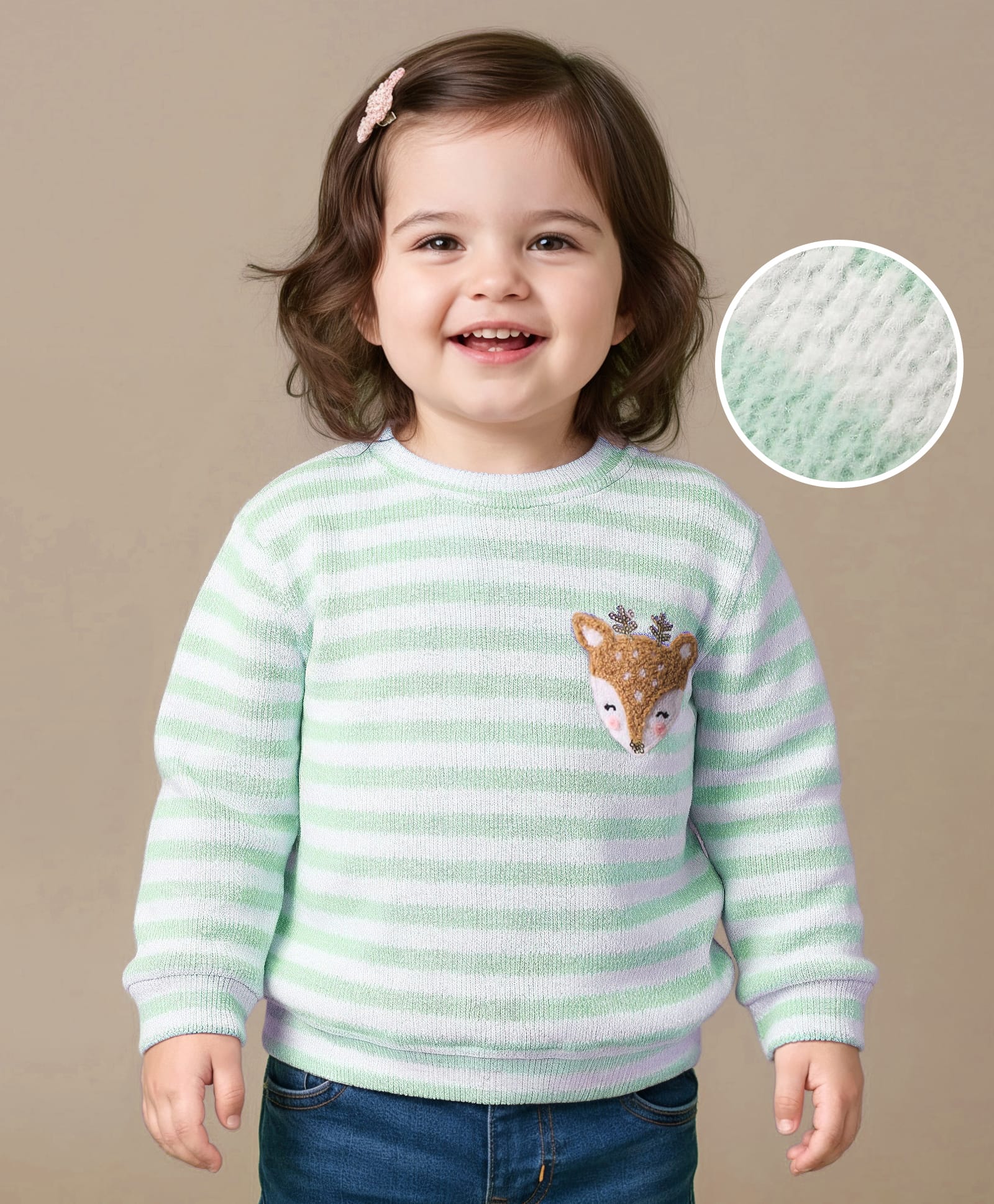 Little Kangaroos Fleece Knit Full Sleeves Winter T-Shirts With Reindeer Embroidery -Light Blue-image-41
