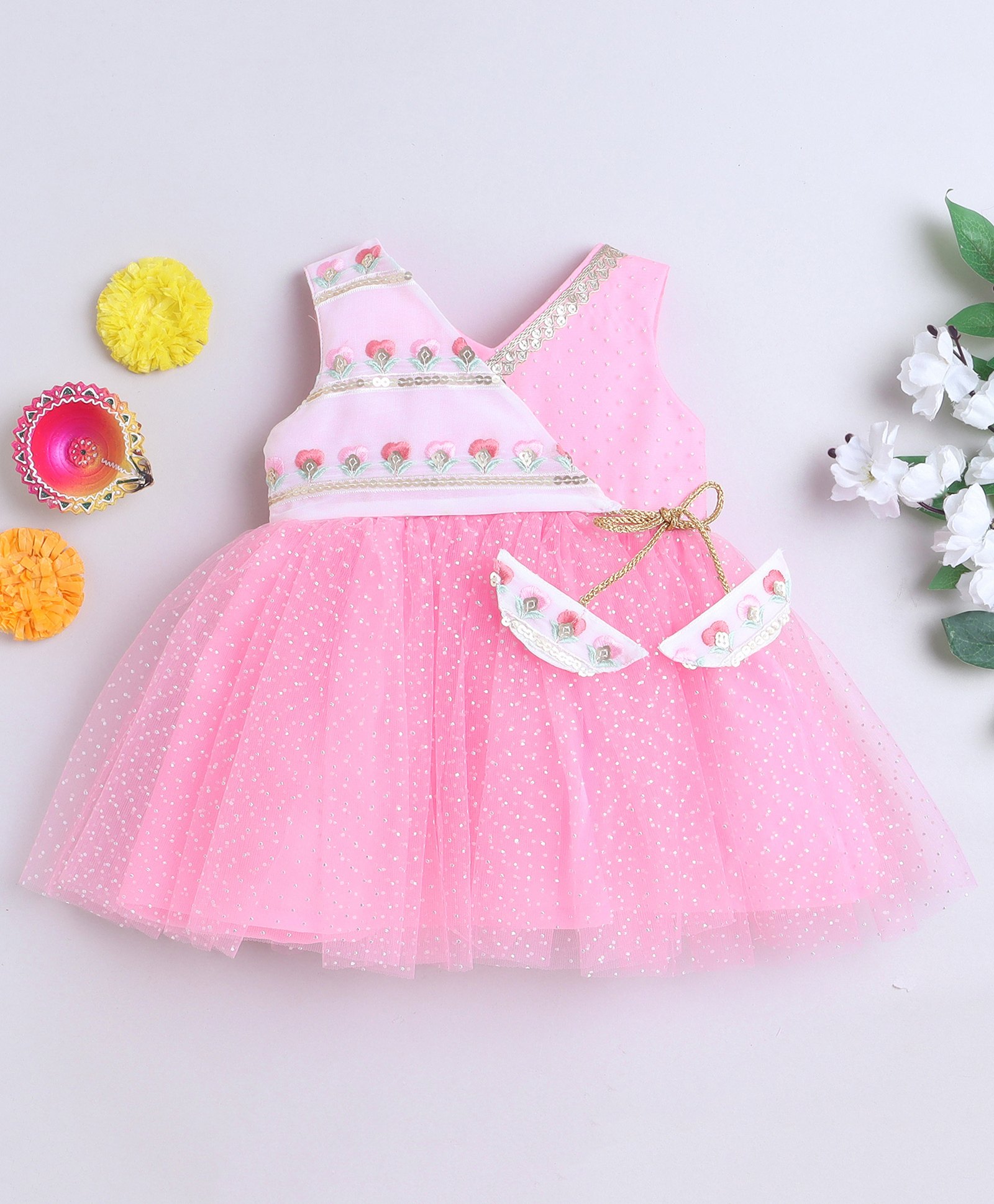 Many frocks & Sleeveless Floral Embroidered Lace & Sequins Embellished Net Dress - Pink-image-12