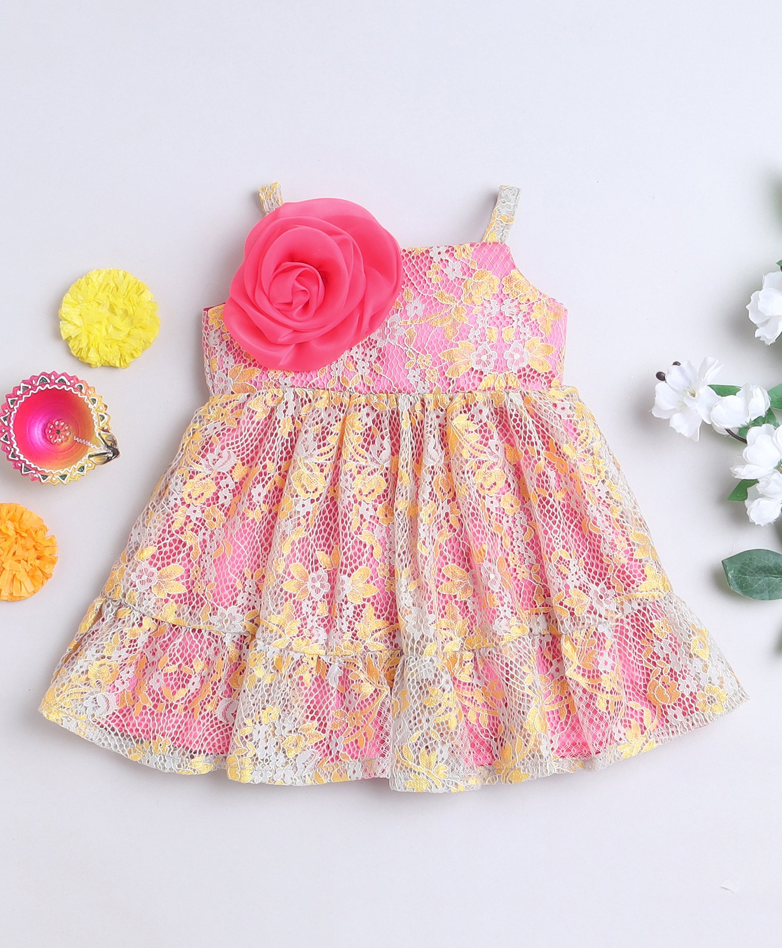Many frocks & Sleeveless Floral Schiffli Designed With Rose Applique Party Wear Dress - Yellow & Pink-image-15