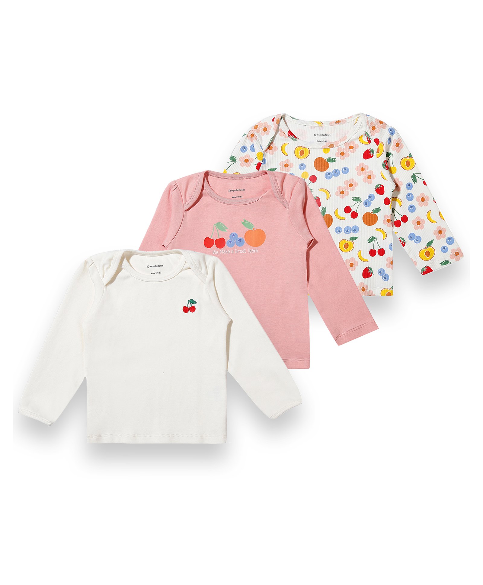 My Milestones Pack Of 3 100% Cotton Full Sleeves Fruits Printed Tees - Multi Colour-picture-47