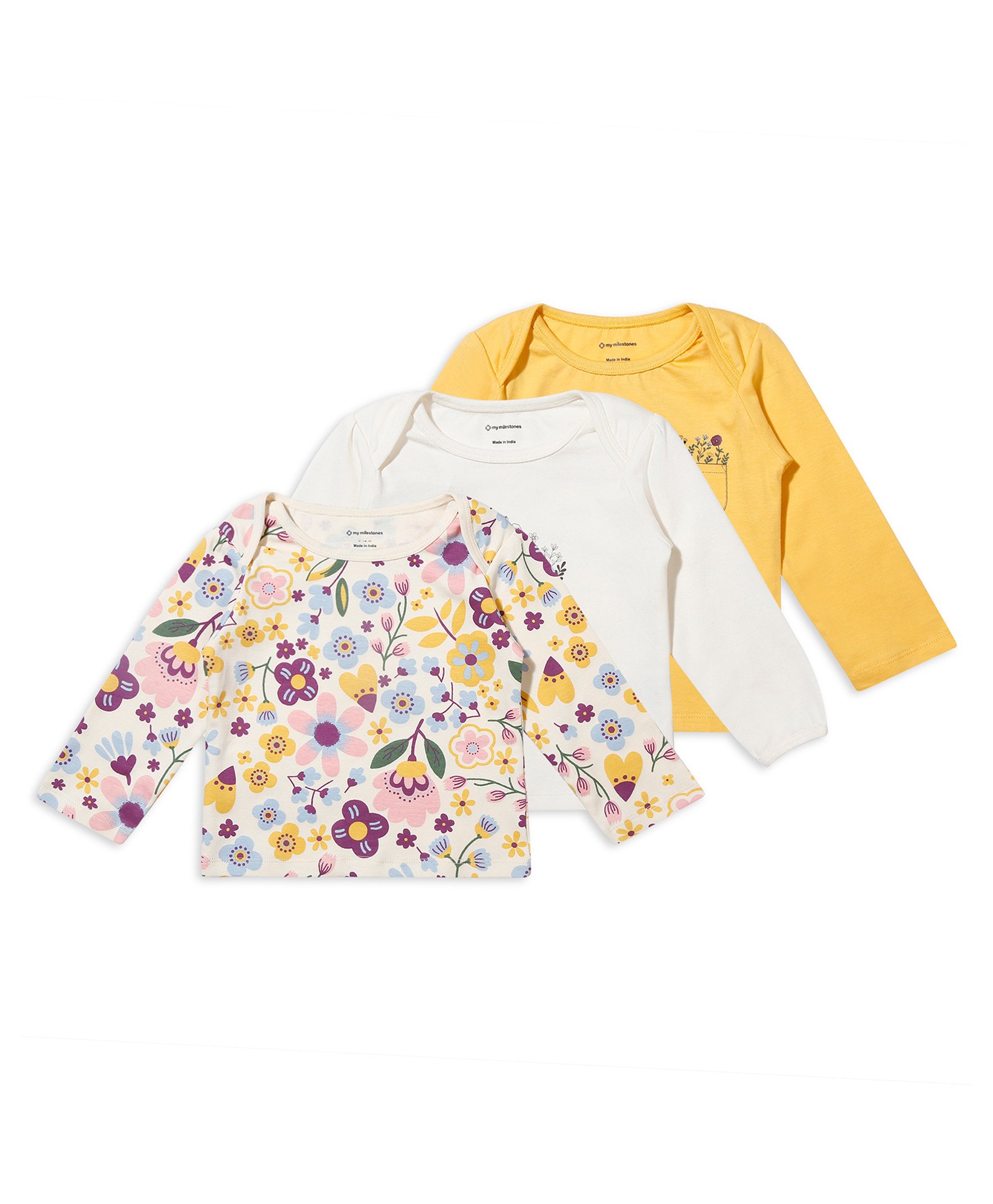 My Milestones Pack Of 3 100% Cotton Full Sleeves Floral Printed Tees - Multi Colour-picture-4