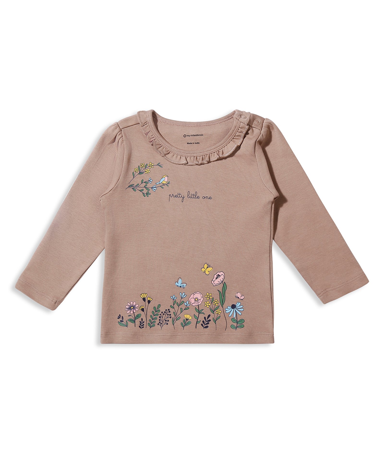 My Milestones 100% Cotton Full Sleeves Floral Printed Tee - Tan-image-40