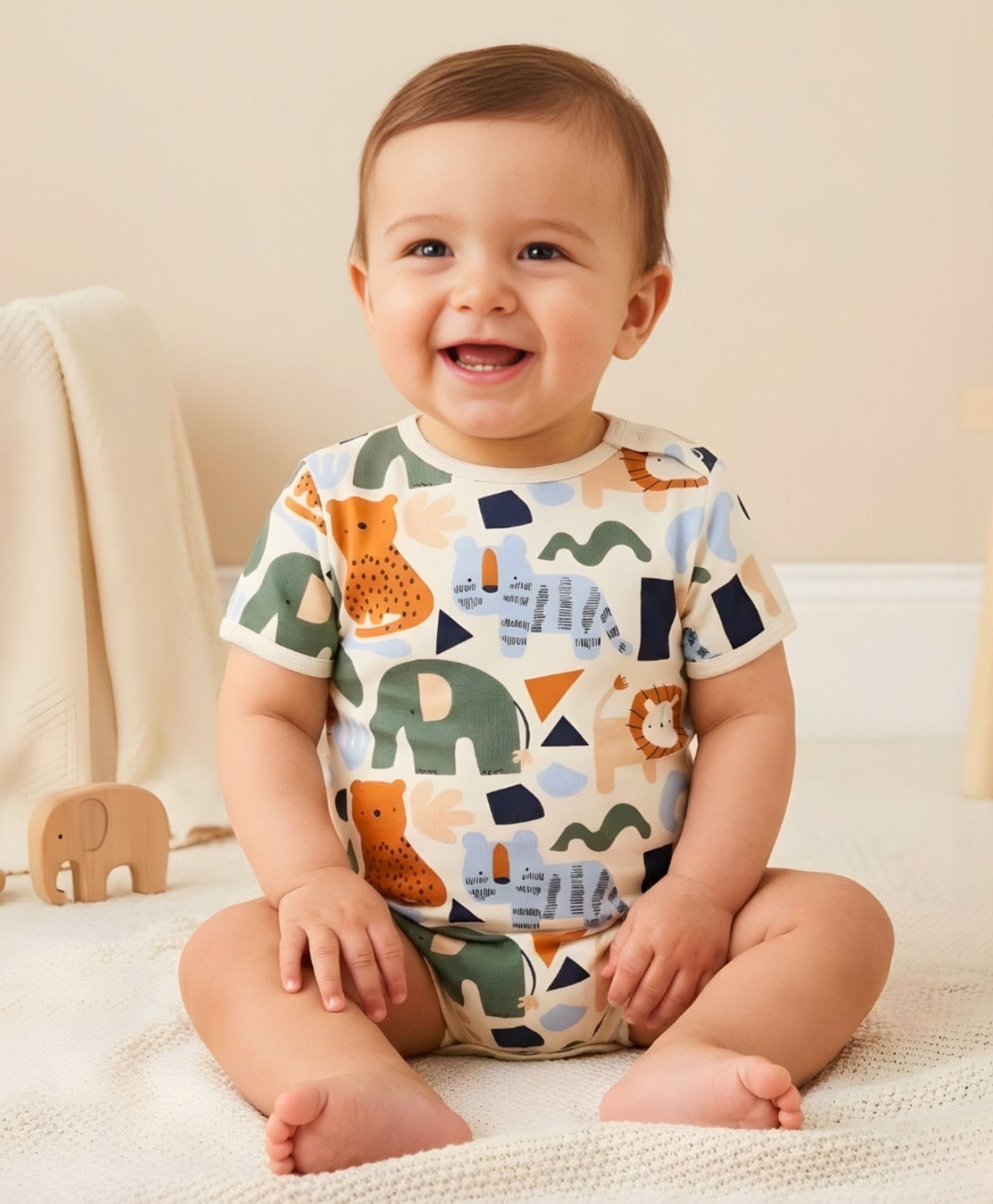 My Milestones 100% Cotton Half Sleeves Animals Printed Onesie - Cream-picture-13