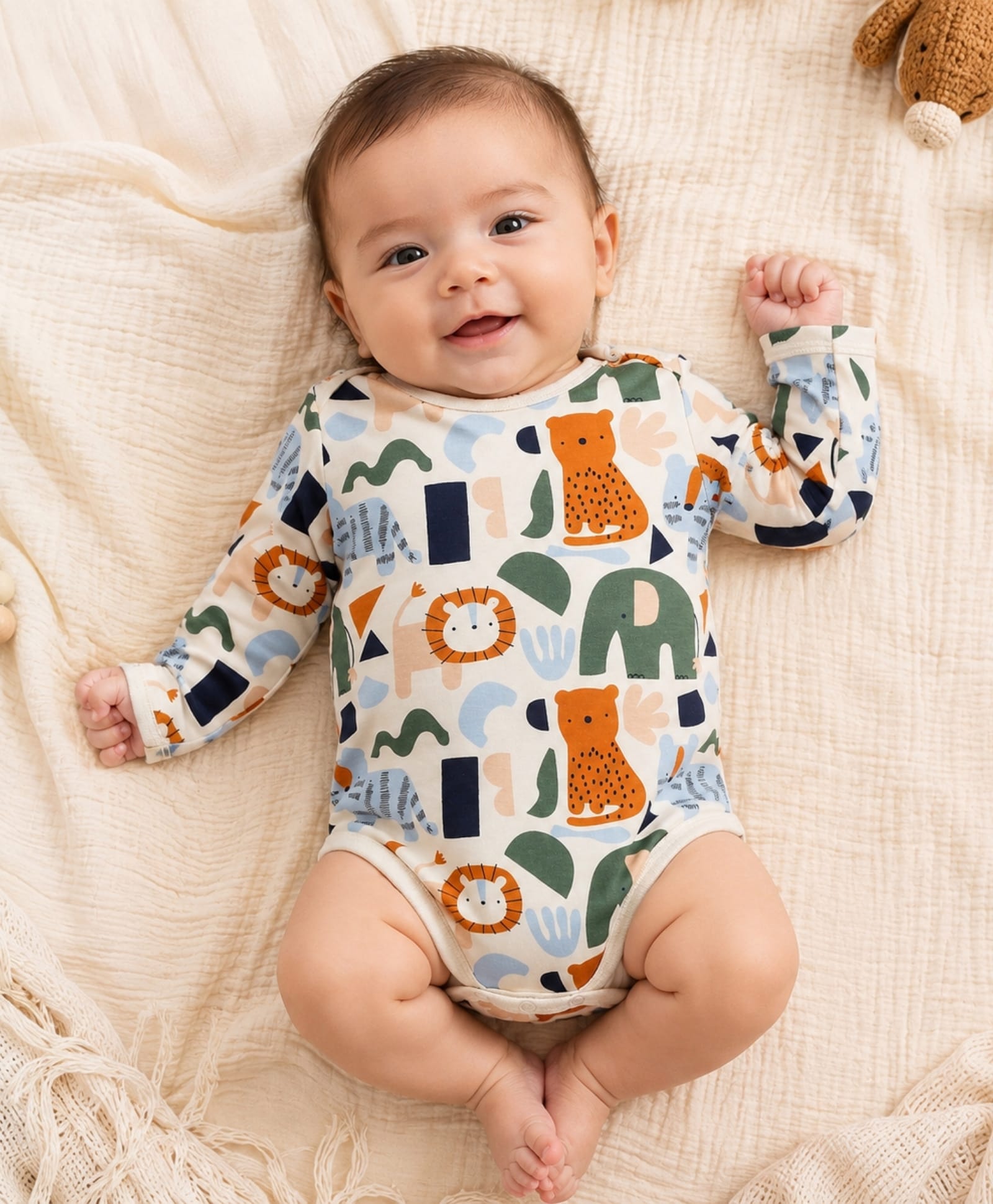 My Milestones 100% Cotton Full Sleeves Animals Printed Onesie - Cream-picture-44