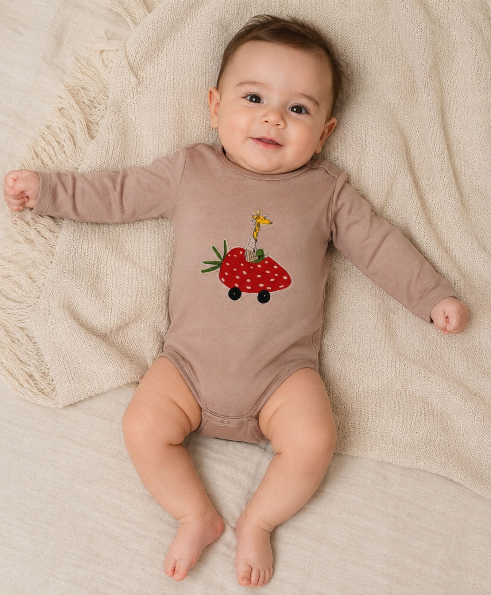 My Milestones 100% Cotton Full Sleeves Giraffe & Vehicle Embroidered Onesie - Tan-picture-35