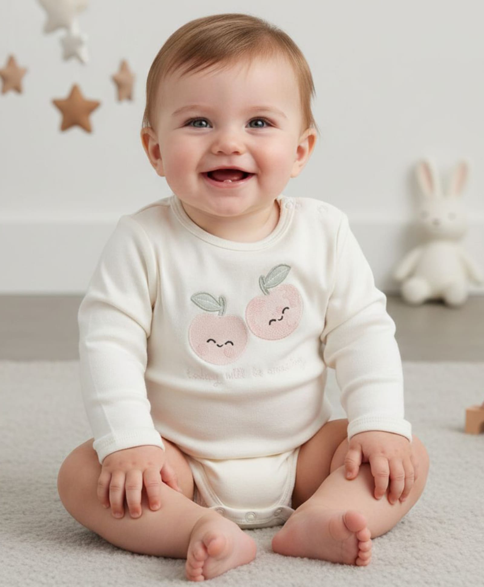 My Milestones 100% Cotton Full Sleeves Apples Embroidered Onesie - Off White-picture-13
