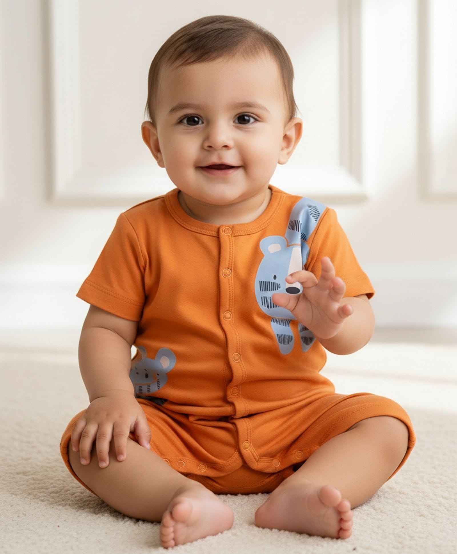My Milestones 100% Cotton Half Sleeves Tiger Printed Romper - Orange-picture-14
