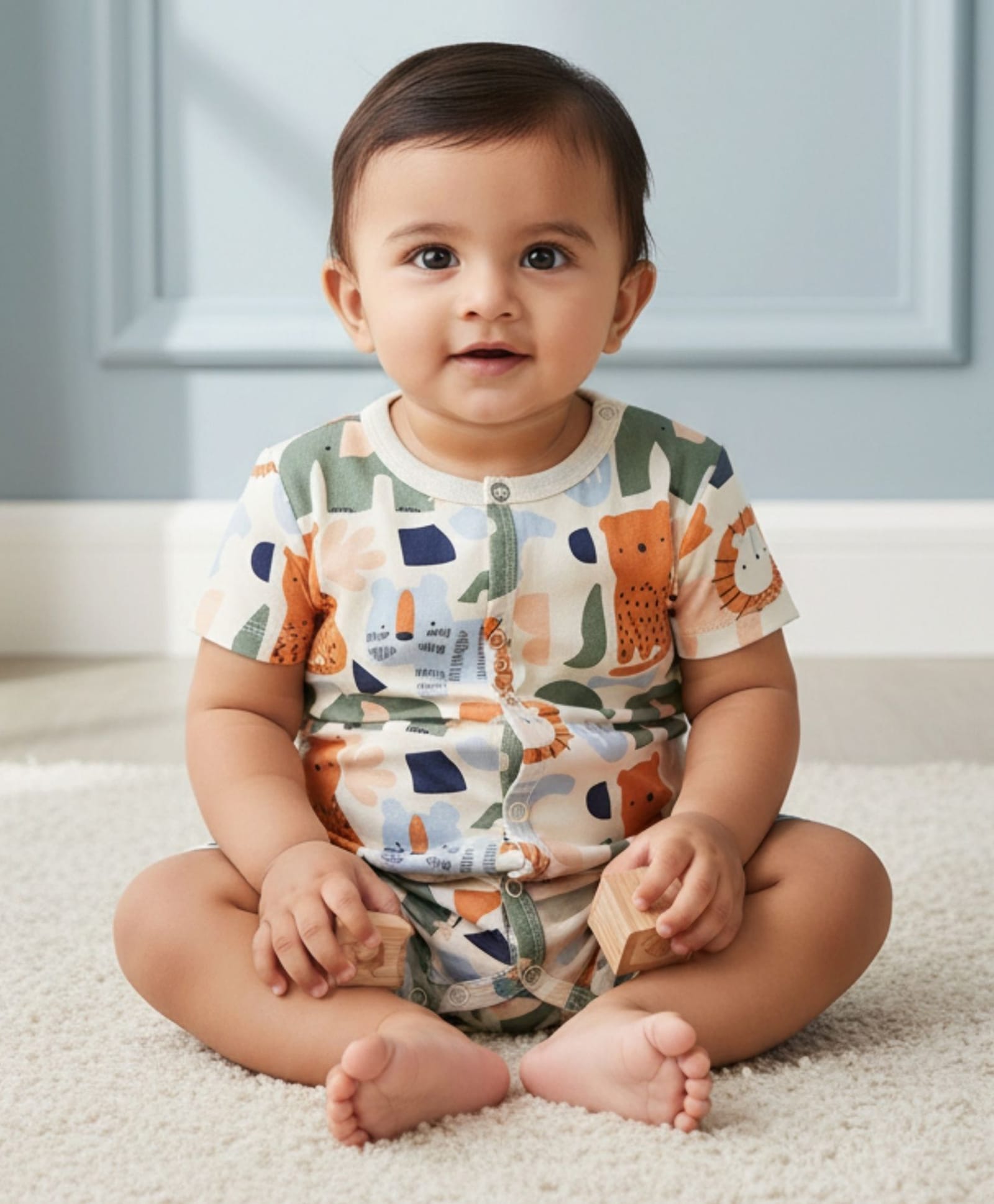 My Milestones 100% Cotton Half Sleeves Animals Printed Romper - Cream-picture-21