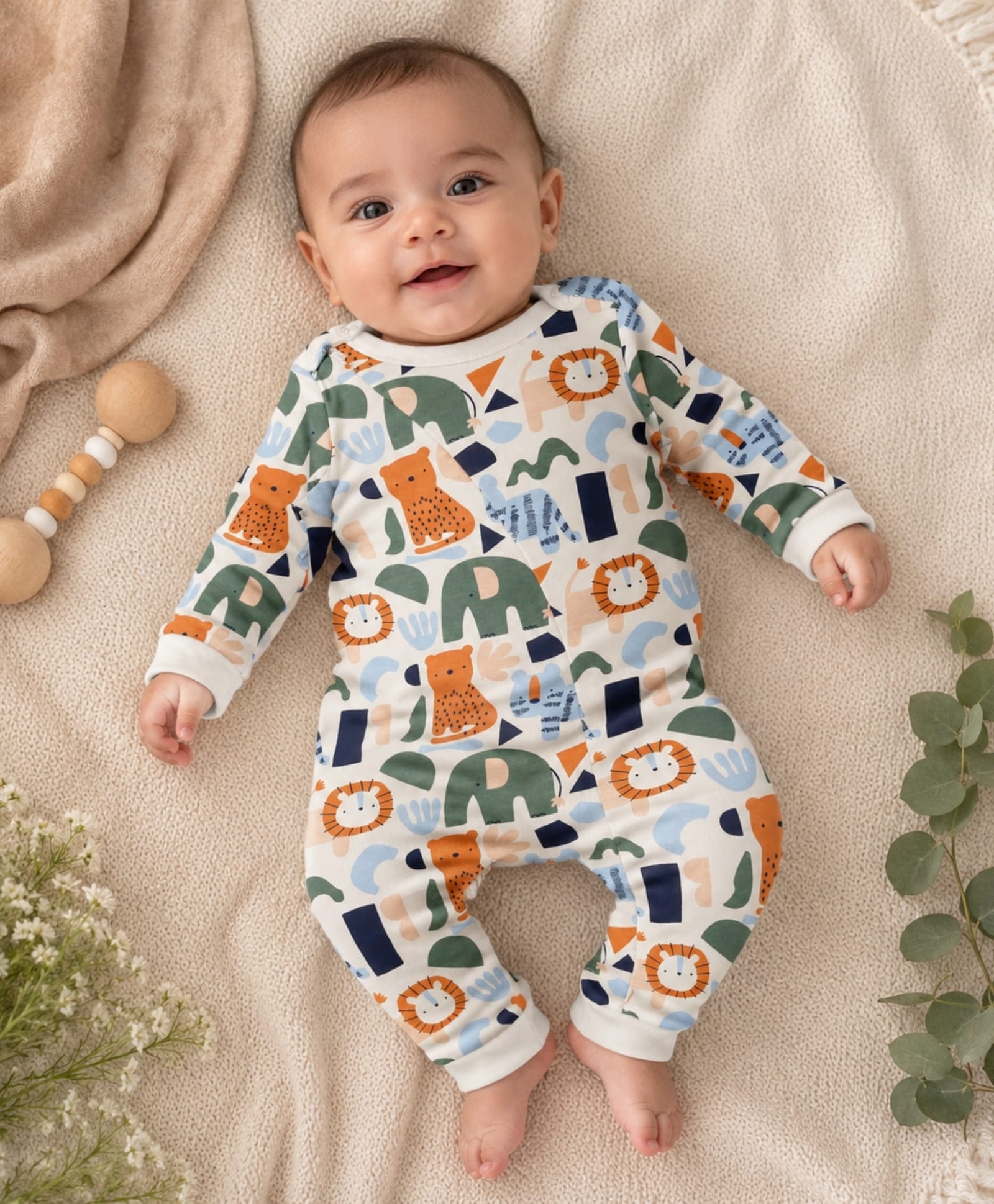 My Milestones 100% Cotton Full Sleeves Animals Printed Romper With Two Way Zipper - Cream-picture-9
