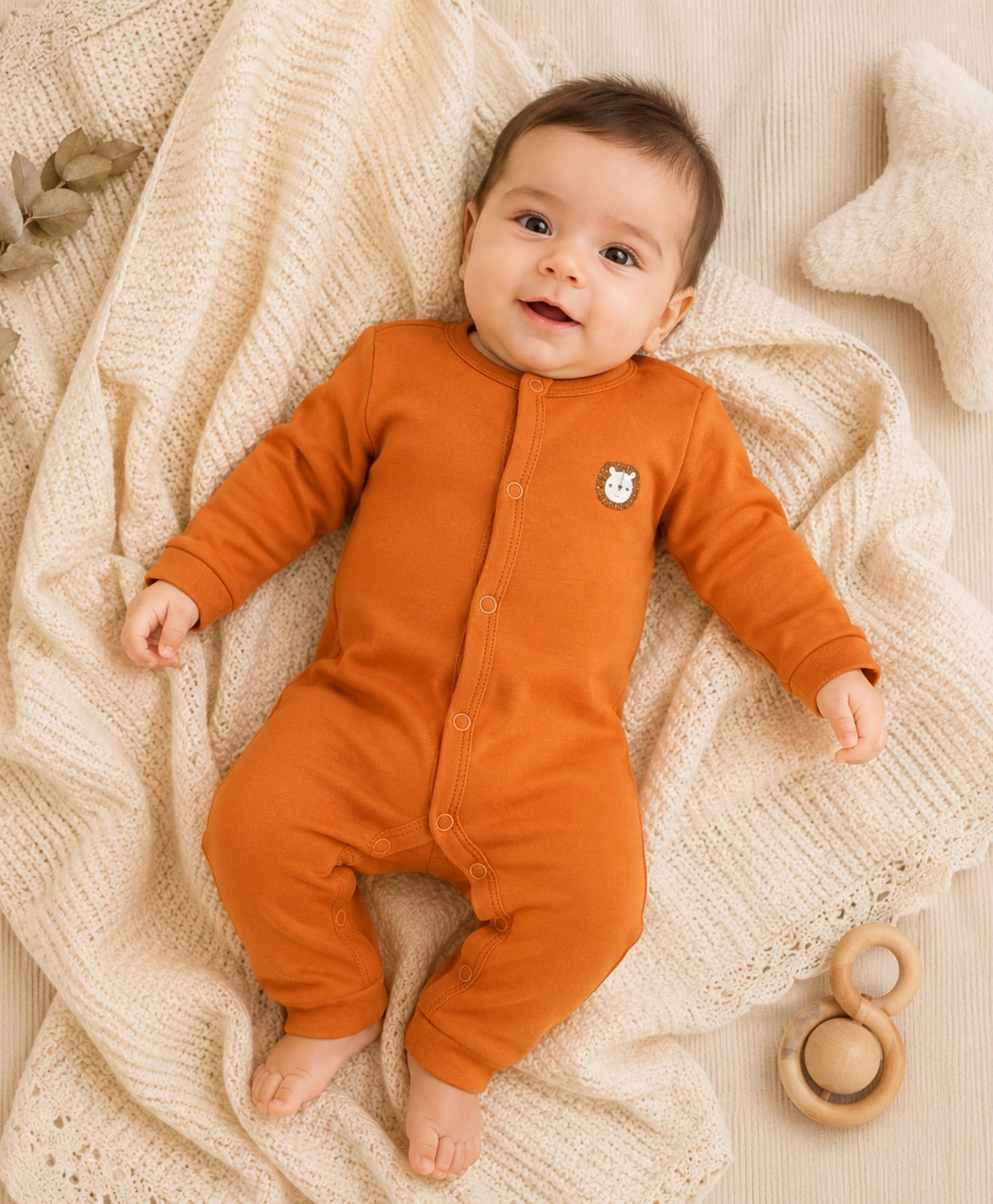 My Milestones 100% Cotton Full Sleeves Lion Embroidered Romper - Orange-picture-10
